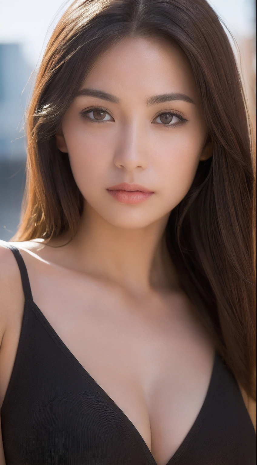 ((Best quality, 8k, Masterpiece :1.3)), Sharp focus :1.2, Perfect body beauty: 1.4, Slim abs: 1.2, ((Dark brown hair, Big breasts: 1.2)), (Natural light, City street: 1.1 ), highly detailed facial and skin textures, detailed eyes, double eyelids, (((Dynamic Angle))), filipina woman