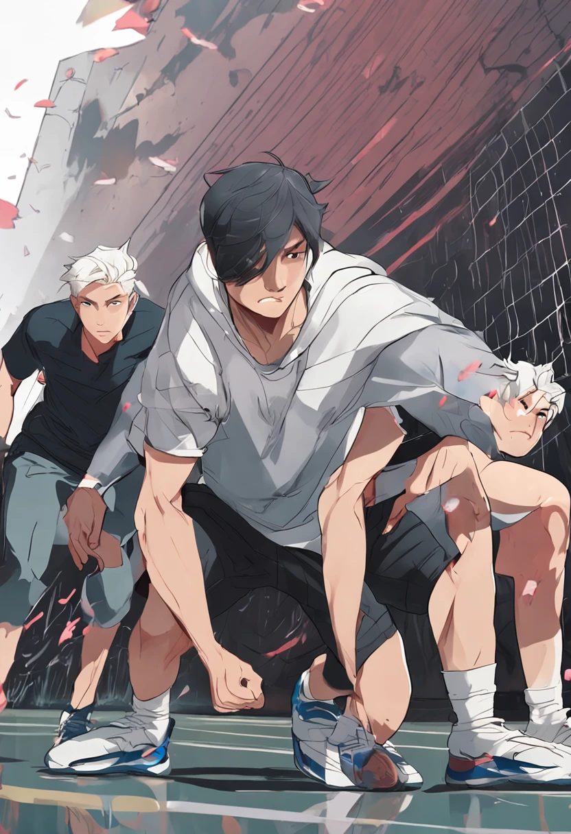 Asian white-haired male college sportsman's athletic style is soaked with sweat