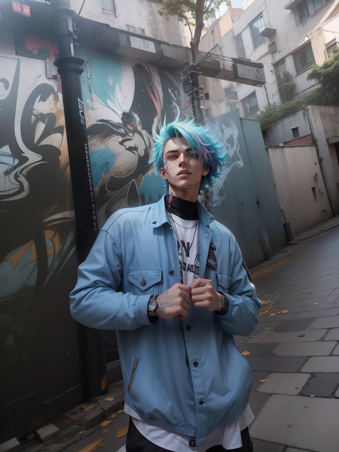 Cool boy,Handsome signature look,Unique hair color,Dazzling colours,Cool action,The background is full of energy,Frenzied streets,Light and shadow interlace,streetart,Fashion LOGO。