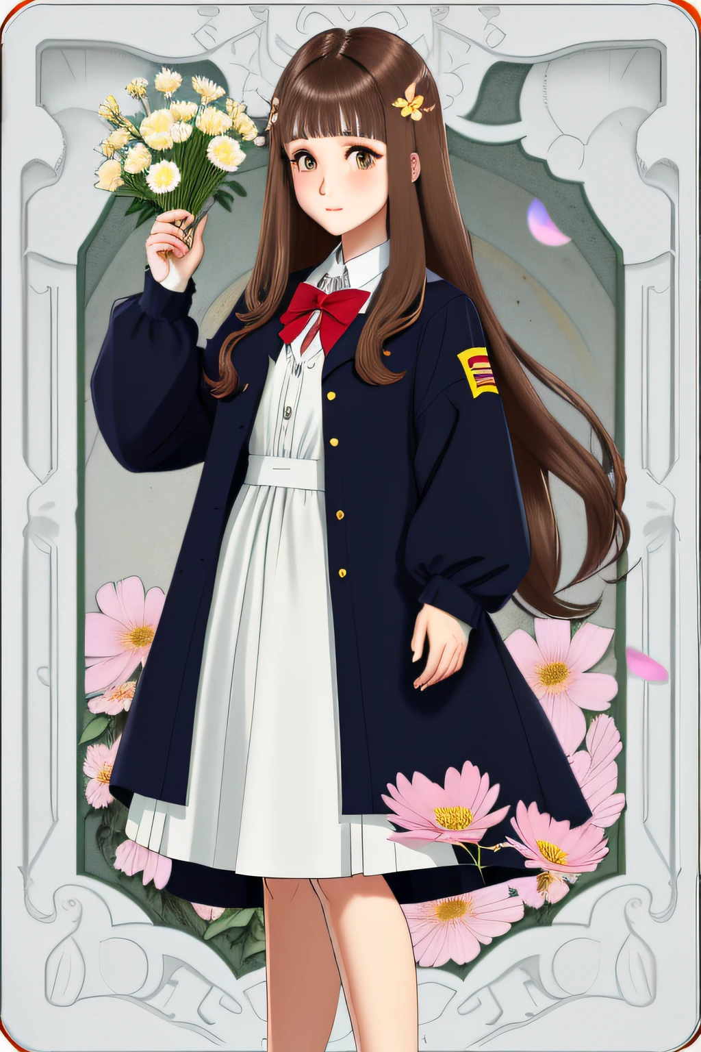 brunette color hair、School flowers、long whitr hair、Brown pupils