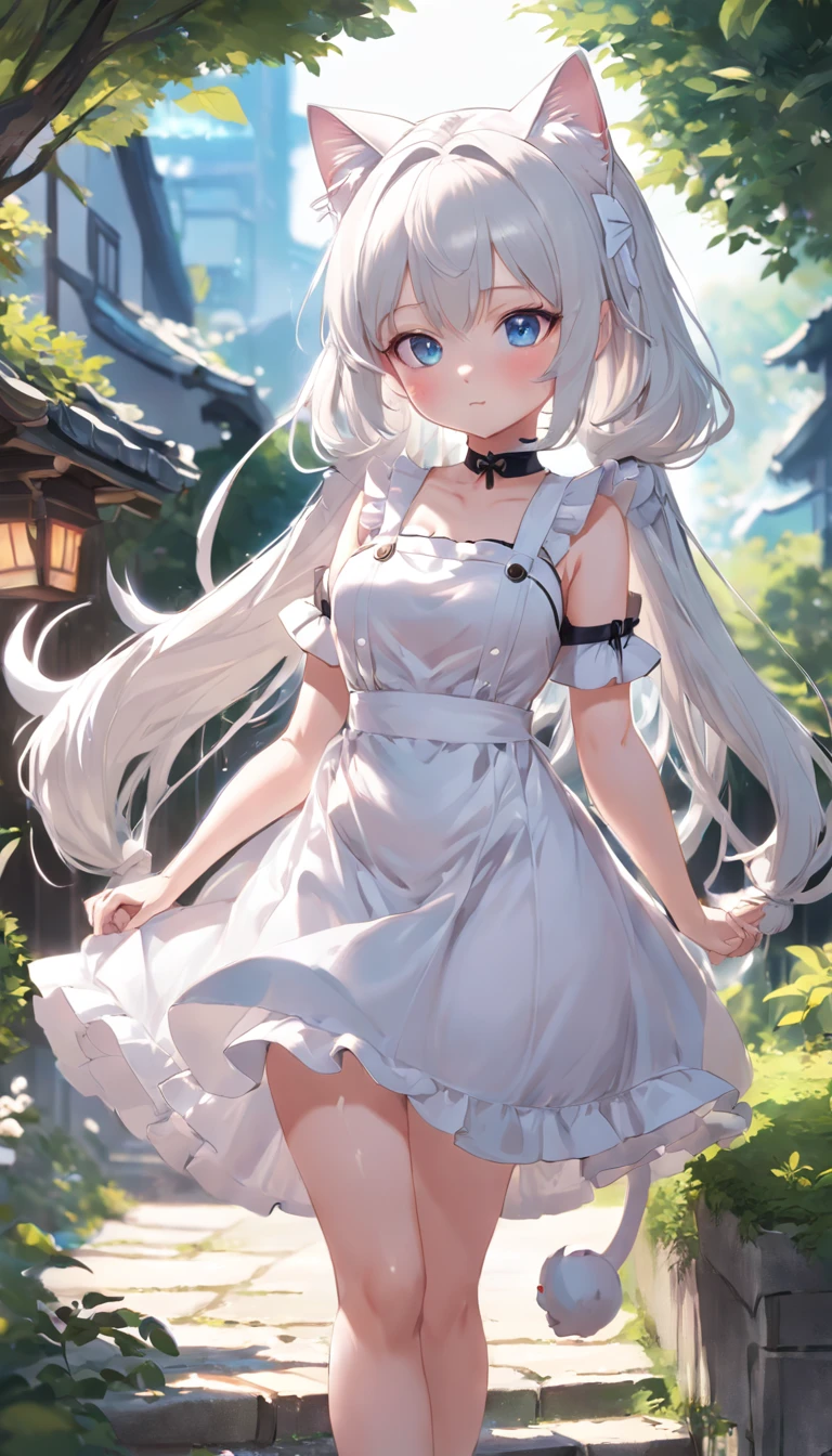 Stand in the garden、Wearing a white maid dress，silber hair，eBlue eyes、Cat-eared girl,  small curvaceous , Guweiz on ArtStation Pixiv, Guviz, small lolil, Soft anime illustration, Anime visuals of cute girls, Detailed digital anime art, (((No arm decoration)))，Cat tail，ssmile，