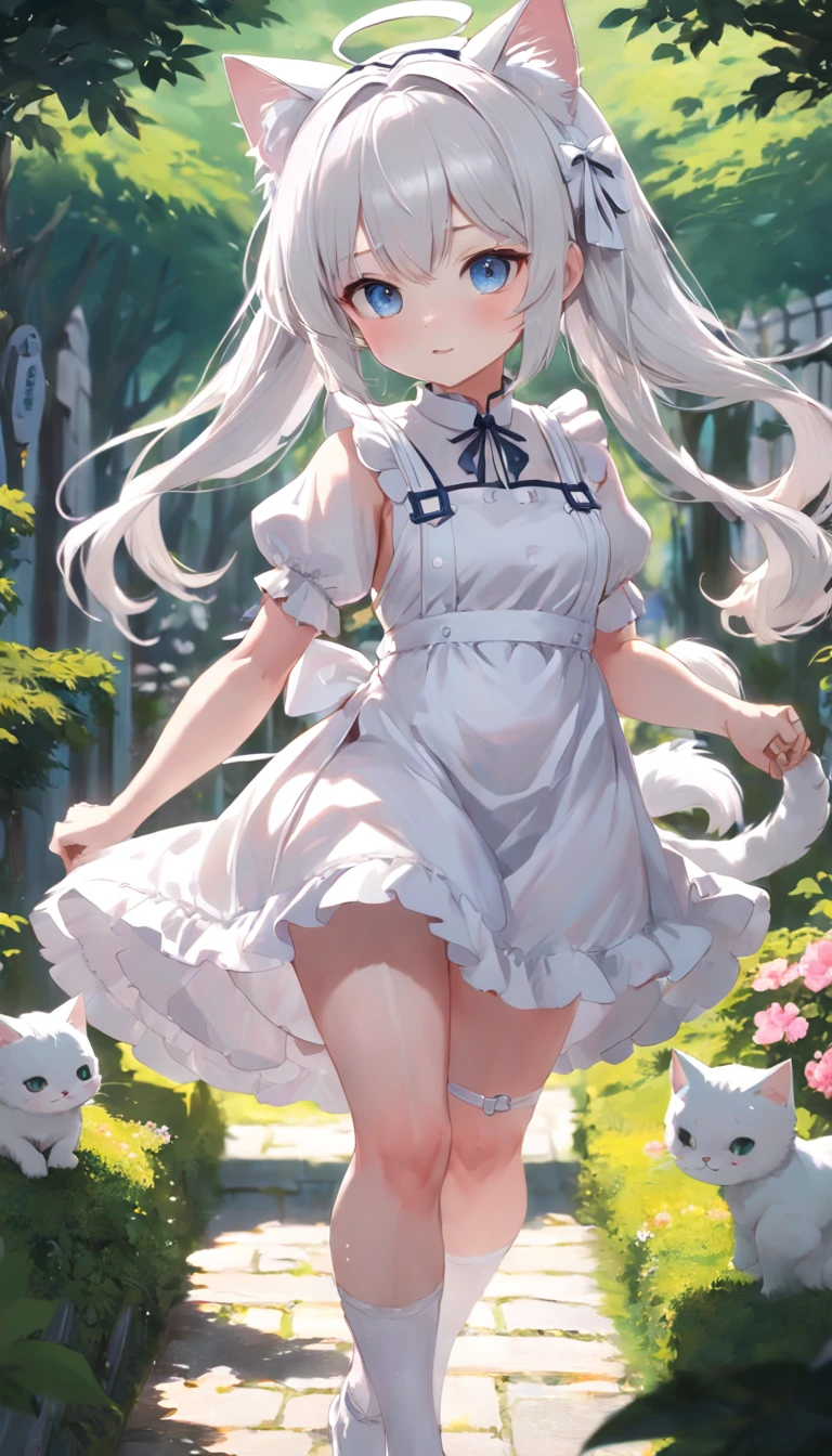 Stand in the garden、Wearing a white maid dress，silber hair，eBlue eyes、Cat-eared girl,  small curvaceous loli, Guweiz on ArtStation Pixiv, Guviz, small loli girl, Soft anime illustration, Anime visuals of cute girls, Detailed digital anime art, (((No arm decoration)))，Cat tail，ssmile，