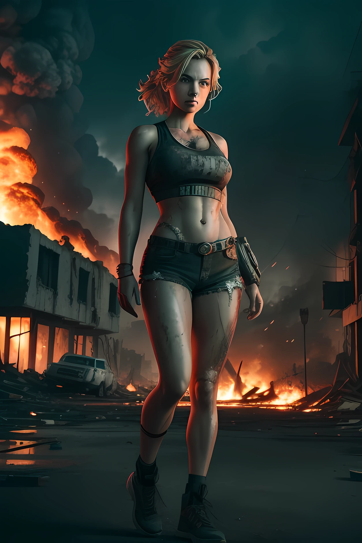 explosion, with an atomic bomb in the background, she runs, In a post-apocalyptic backdrop, a resilient woman, amidst ruins, with once-blonde hair now tangled, and a weathered physique, stands. Her makeup, smoky eyes, bold lips, enhance her beauty. Tattered clothing reveals her battle-worn skin. Despite it all, her allure shines. Small neon lights reflect in the scene. The camera captures her full body, showcasing the contrast between her strength and the harsh world.