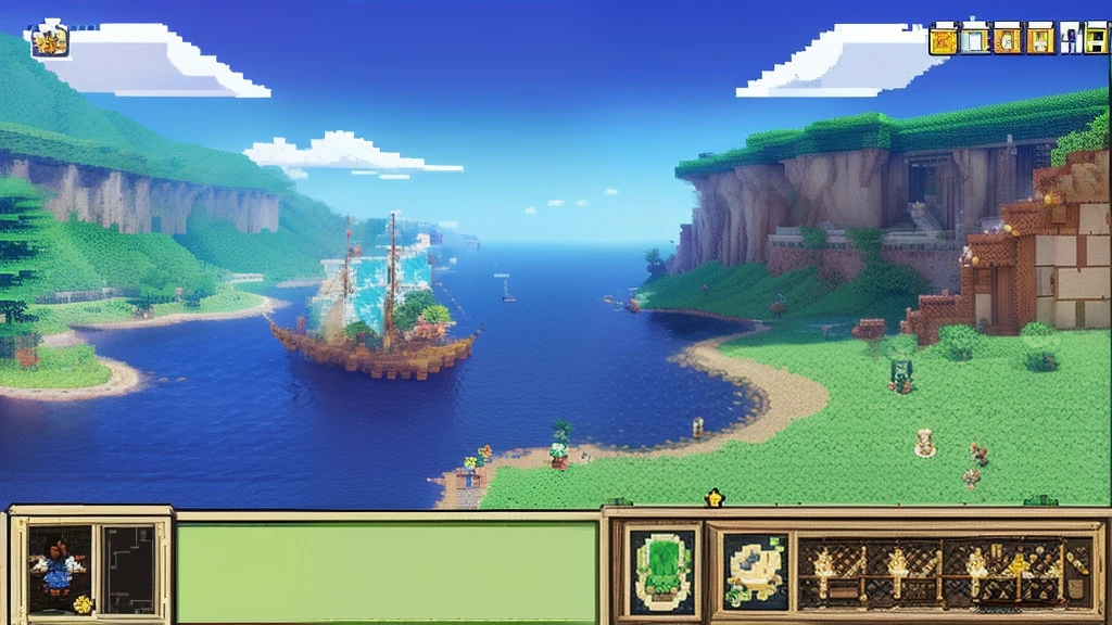 鸟山明风格，Flat pixel games《dragon quest》，Game scene design，（a paradise：1.4），16-bit pixels