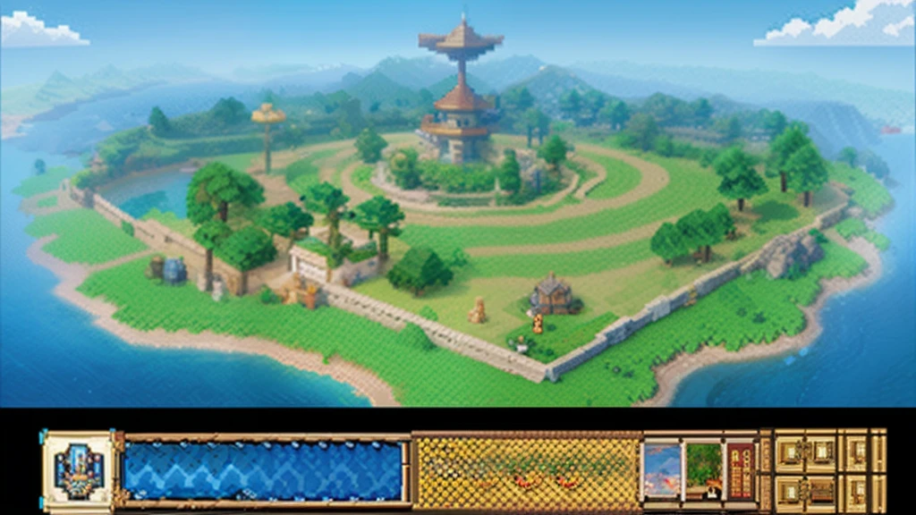 鸟山明风格,Flat pixel games《dragon quest》,Game scene design,(a paradise:1.4),16-bit pixels