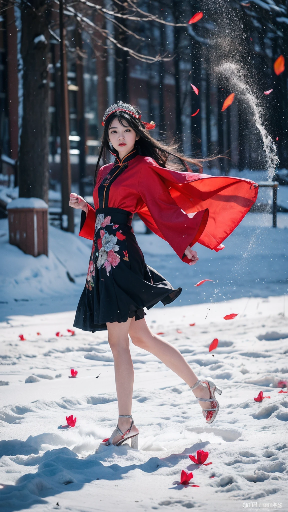 32K(tmasterpiece,k hd,hyper HD,32K)Long flowing black hair,ponds,zydink, a color, Xuzhou people (Seduce girls), (Red scarf in the snow), Combat posture, looking at the ground, long whitr hair, Floating hair, Carp pattern headdress, Chinese long-sleeved silver cheongsam, (Abstract gouache splash:1.2), Pink petal background,Tulips flying(realisticlying:1.4),Black color hair,Fallen leaves flutter,The background is pure, A high resolution, the detail, RAW photogr, Sharp Re, Nikon D850 Film Stock Photo by Jefferies Lee 4 Kodak Portra 400 Camera F1.6 shots, Rich colors, ultra-realistic vivid textures, Dramatic lighting, Unreal Engine Art Station Trend, cinestir 800,Long flowing black hair,see-through transparent clothes