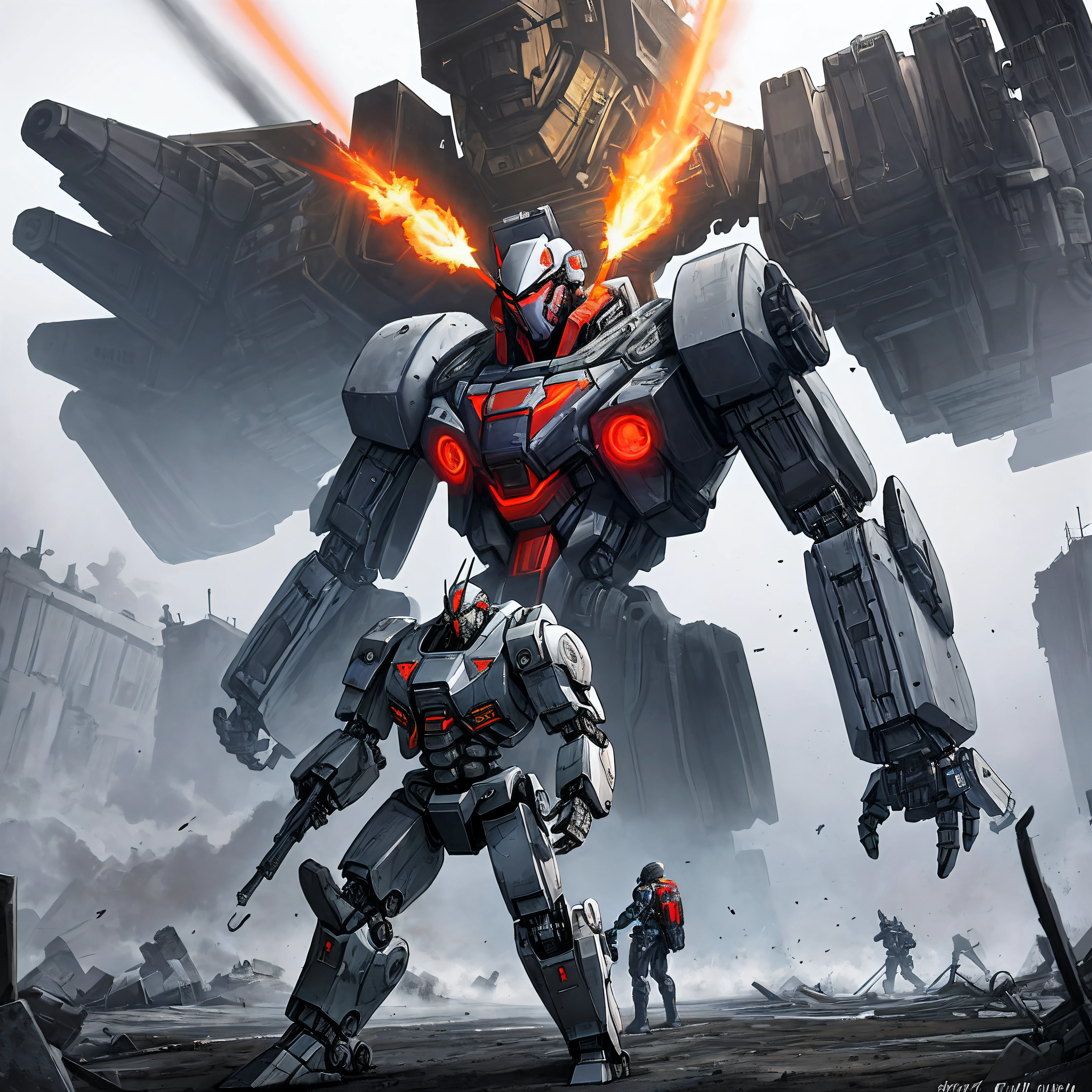 I am a half-human, Cyborg logistics male robot repairs huge war mechs destroyed by war, The mech is silver, It's a bionic mech, Like a spider, It has eight blade-like mechanical legs, One of them was blown up by particle cannon fire, Black liquid outflows, The driver's seat flashes a dazzling red light, Like a real spider, The background is a lot of the same war mechs and the starry sky above