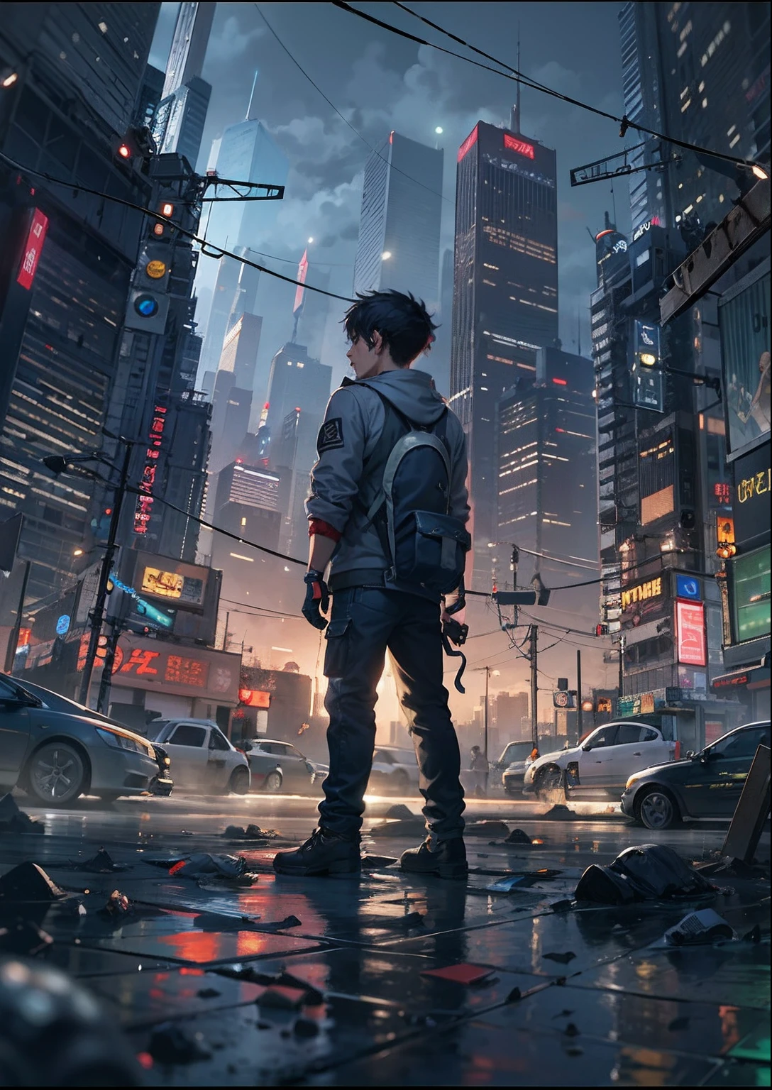 1boy,、Cyberpunk Boy、katanas,Spiky hairstyle、Tank Tops、Whole body bloody、Overhead view of the composition、Back lighting,The beginning of the adventure、Lots of clouds,heavy fog、Midnight,darkness,Chaotic city of the future、Movie dystopia、A group of very complex skyscrapers stands in the center、Very complex dilapidated cityscape,Ruined Chinese skyscrapers、a bird、Pretty dim lighting、Dark road、puddles、Chaotic landscape、Beautiful and fantastic scenery、Cinematic scenery、hightquality、masutepiece,16K、hight resolution、ultra detailed,