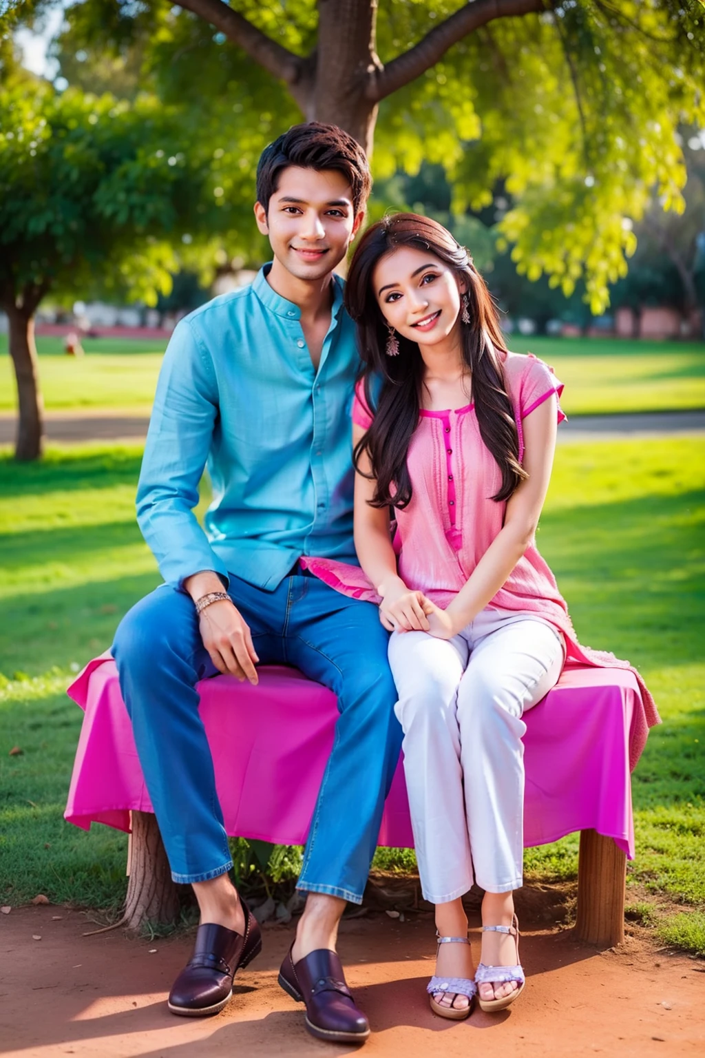 Professional photography mastered, beautiful girl in pink Indian ethnic kurta jeans wearing blue denim with her boyfriend, sitting under a tree, smiling face, lots of textures and details, full body portrait shot, evening time background , 64K
