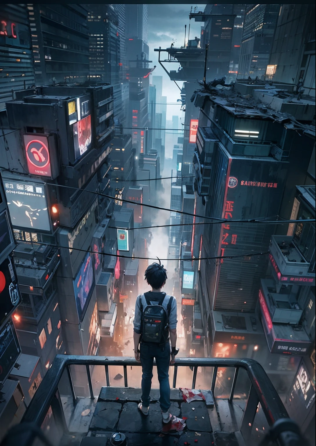 1boy,a 13 yo boy、Cyberpunk Boy、katanas,Spiky hairstyle、Tank Tops、Whole body bloody、Overhead view of the composition、Back lighting,The beginning of the adventure、Lots of clouds,heavy fog、Midnight,darkness,Chaotic city of the future、Movie dystopia、A group of very complex skyscrapers stands in the center、Very complex dilapidated cityscape,Ruined Chinese skyscrapers、a bird、Pretty dim lighting、Dark road、puddles、Chaotic landscape、Beautiful and fantastic scenery、Cinematic scenery、hightquality、masutepiece,16K、hight resolution、ultra detailed,