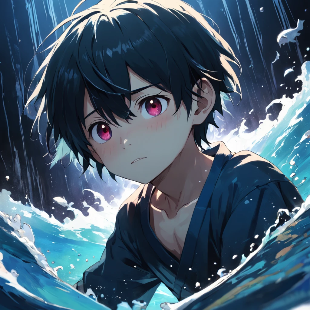 Water canvas in fiber and light art, （1 3 year old boy：1.3）, with short black hair，The facial expression is pleasant, High quality, High contrast, ultra fine detailed, Night, At the Fantasy Studio,
