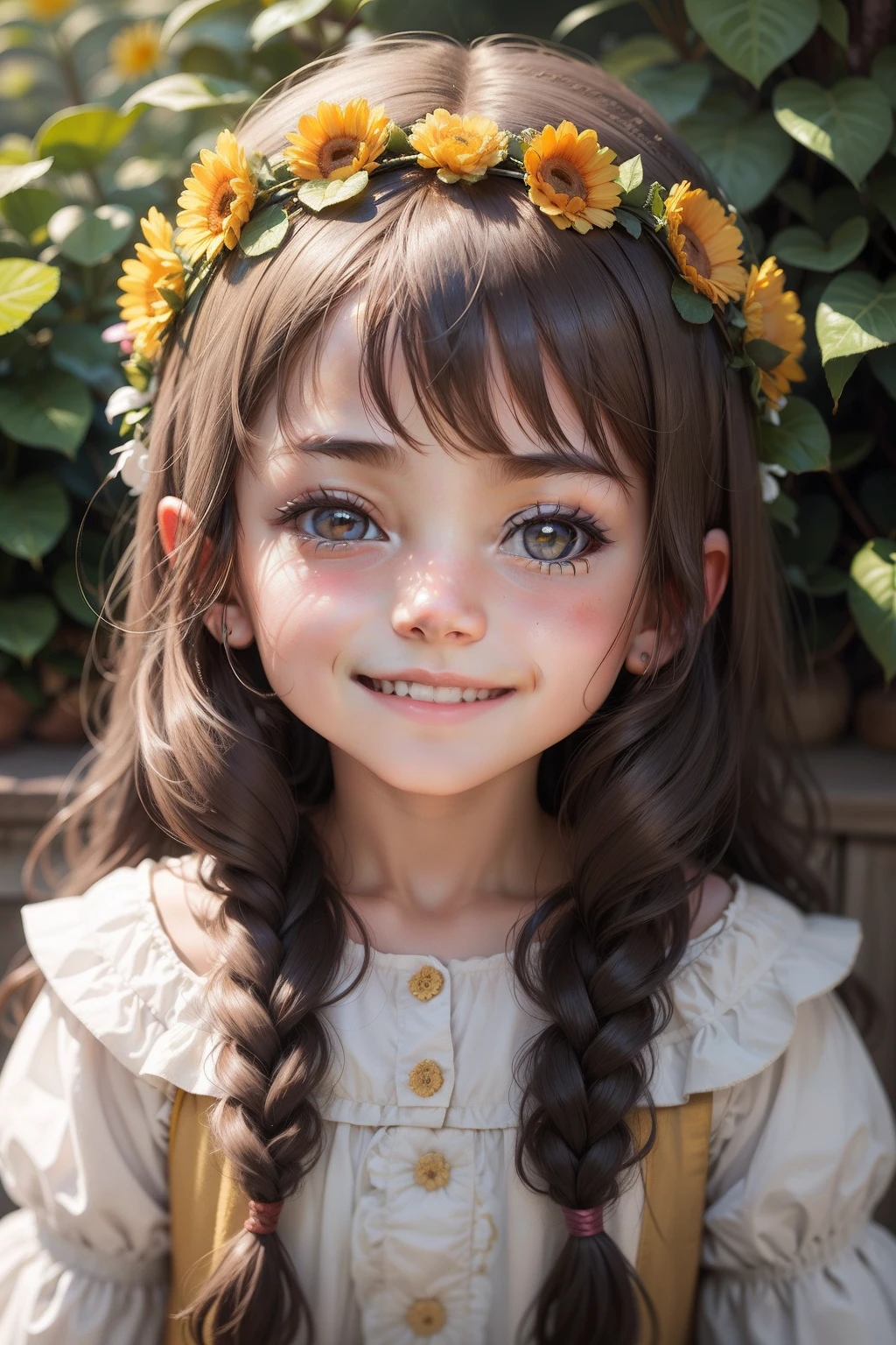 portrait of a girl wearing a flower crown, smiling