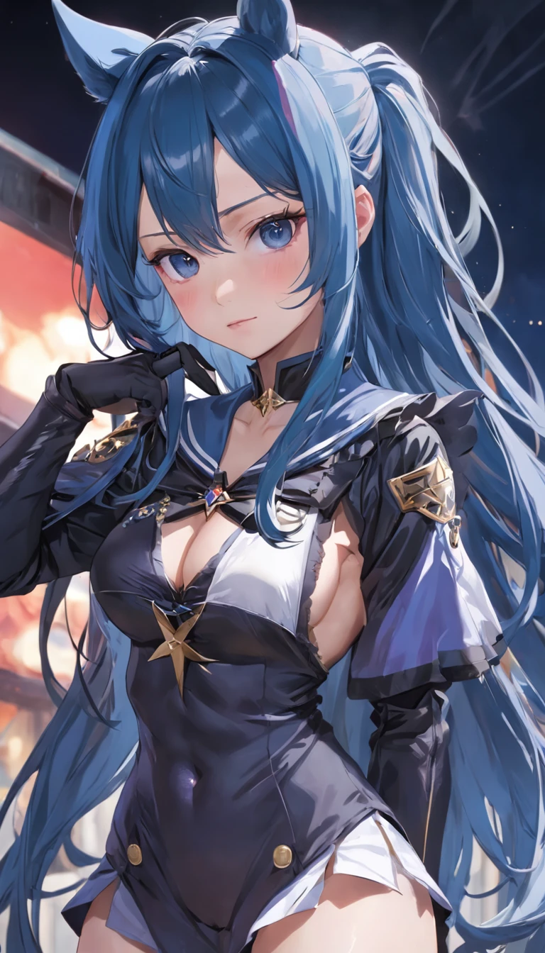{solo person},A beautyful girl,Shoulder-length hair with bruises,maidennurse,mature,Tall,Breast purification,A4 waist,Cocked buttocks,Long legs,Ann-chan type,Soft on the outside and the inside,gentleness,Quiet,{{Cyanosis wave head}},beast ear,{There are horse ears on the head},Golden eyes,{slanted bangs},{Wear a star hair card},{ssmile},Boo gesture,Put your hand to your mouth,{{Horse Ears}},Horse Racing Girl,{There is a horse's tail on the back},extremely delicately detailed,Fine finger detailing,Blue sailor suit,a black trench coat,Dark blue one-leg pants,Single leg leg ring,black glove,Black leather gloves,Fingerless gloves,Horse Racing Girl_mejiro ardan,Horse Racing Girl_Blue cloud sky,Pisif,Delicate and detailed facial features,{Delicate hair portrayal},Gorgeous light and shadows,The ultimate HD face depiction,4k画质,A masterpiece,Delicate hand description,Clear five fingers,Color,{coloured with lots of colour},Detailed picture,Delicate portrayal of facial features,Delicate hair portrayal,{Delicate eye portrayal}, Detailed eyes and face,Delicate hand portrayal,{Gorgeous light and shadows},Sideslit,Stand on the runway,Stadium Background