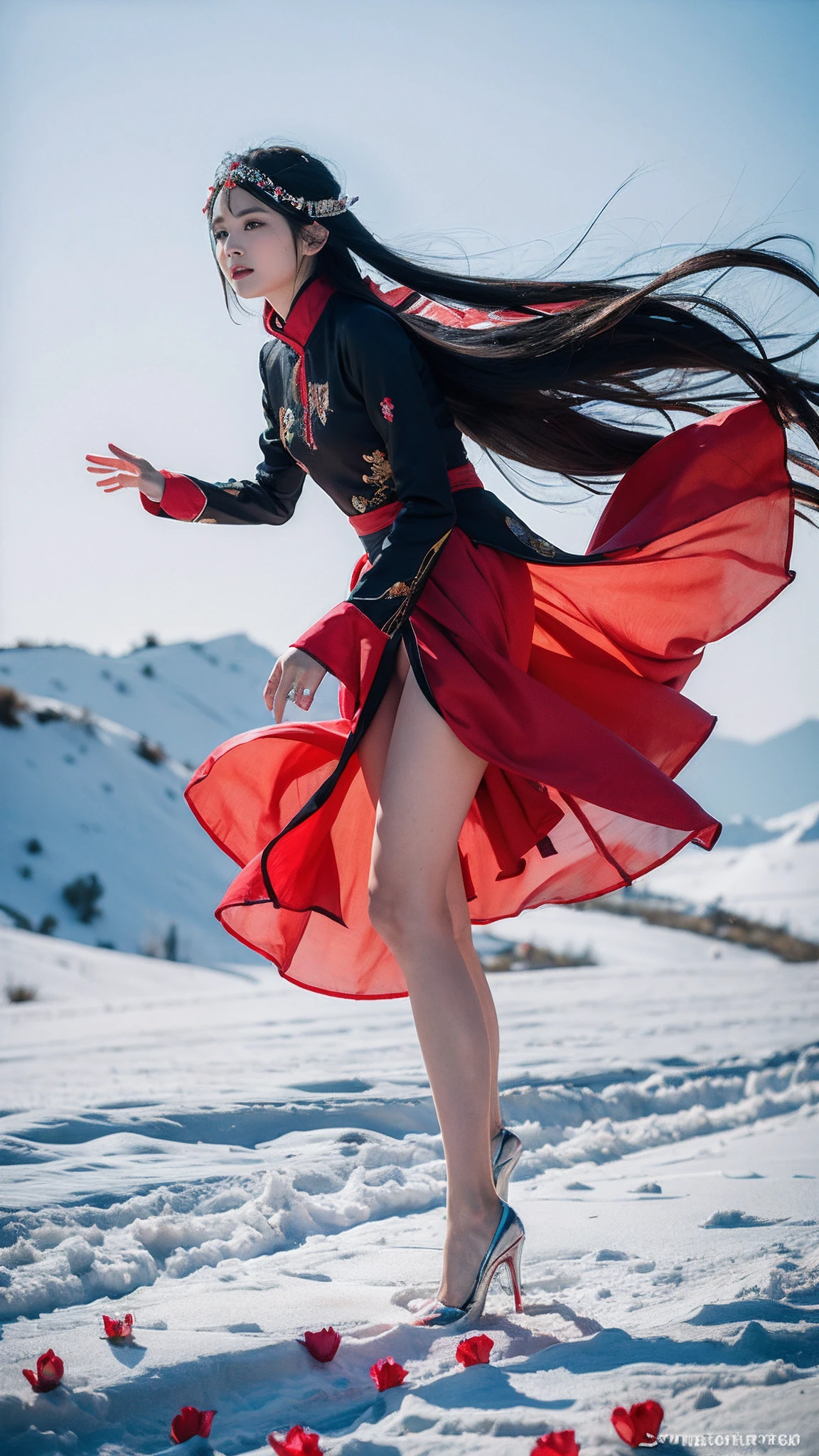 32K(tmasterpiece,k hd,hyper HD,32K)Long flowing black hair,ponds,zydink, a color, Xuzhou people (Seduce girls), (Red scarf in the snow), Combat posture, looking at the ground, long whitr hair, Floating hair, Carp pattern headdress, Chinese long-sleeved silver cheongsam, (Abstract gouache splash:1.2), Pink petal background,Tulips flying(realisticlying:1.4),Black color hair,Fallen leaves flutter,The background is pure, A high resolution, the detail, RAW photogr, Sharp Re, Nikon D850 Film Stock Photo by Jefferies Lee 4 Kodak Portra 400 Camera F1.6 shots, Rich colors, ultra-realistic vivid textures, Dramatic lighting, Unreal Engine Art Station Trend, cinestir 800,Long flowing black hair,see-through transparent clothes