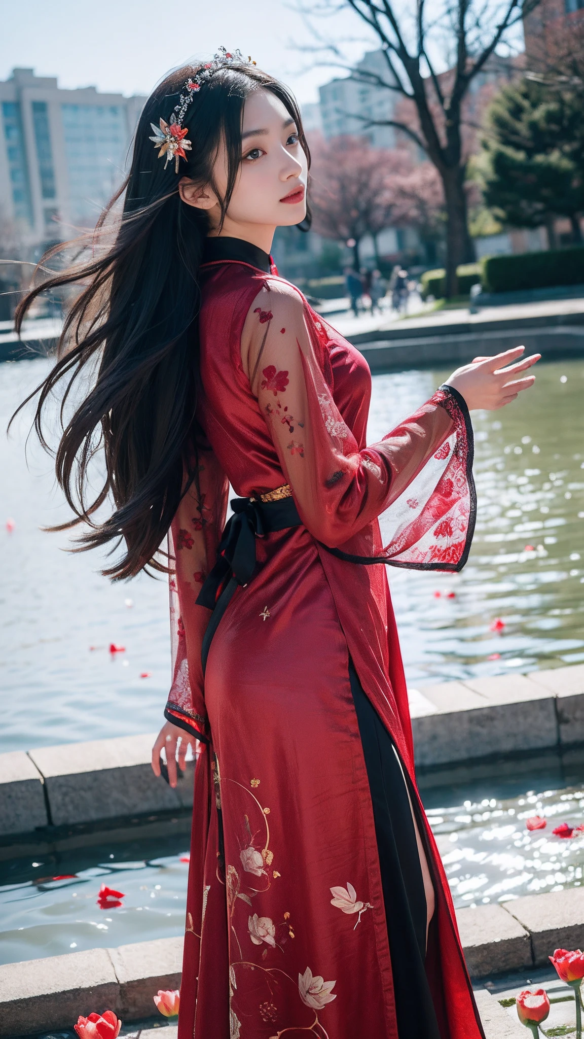 32K(tmasterpiece,k hd,hyper HD,32K)Long flowing black hair,ponds,zydink, a color, Xuzhou people (Seduce girls), (Red scarf in the snow), Combat posture, looking at the ground, long whitr hair, Floating hair, Carp pattern headdress, Chinese long-sleeved silver cheongsam, (Abstract gouache splash:1.2), Pink petal background,Tulips flying(realisticlying:1.4),Black color hair,Fallen leaves flutter,The background is pure, A high resolution, the detail, RAW photogr, Sharp Re, Nikon D850 Film Stock Photo by Jefferies Lee 4 Kodak Portra 400 Camera F1.6 shots, Rich colors, ultra-realistic vivid textures, Dramatic lighting, Unreal Engine Art Station Trend, cinestir 800,Long flowing black hair,see-through transparent clothes