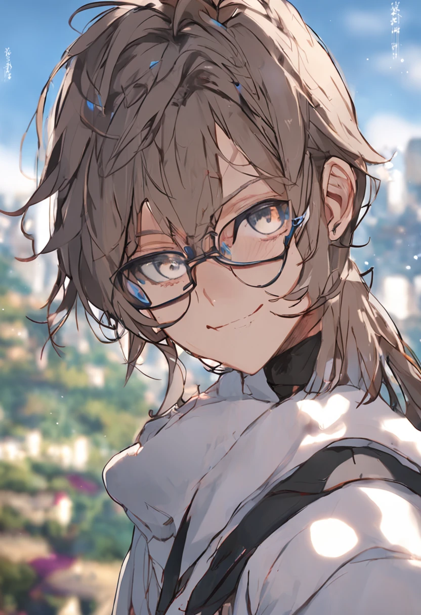 high-level image quality、hightquality、Fantasia、Standing Picture、One guy、Beautiful youth、eye glasses、the Wise、Know、twinks、美丽的面容、beautidful eyes、vivid expressions、bustshot、from the front side、a smile