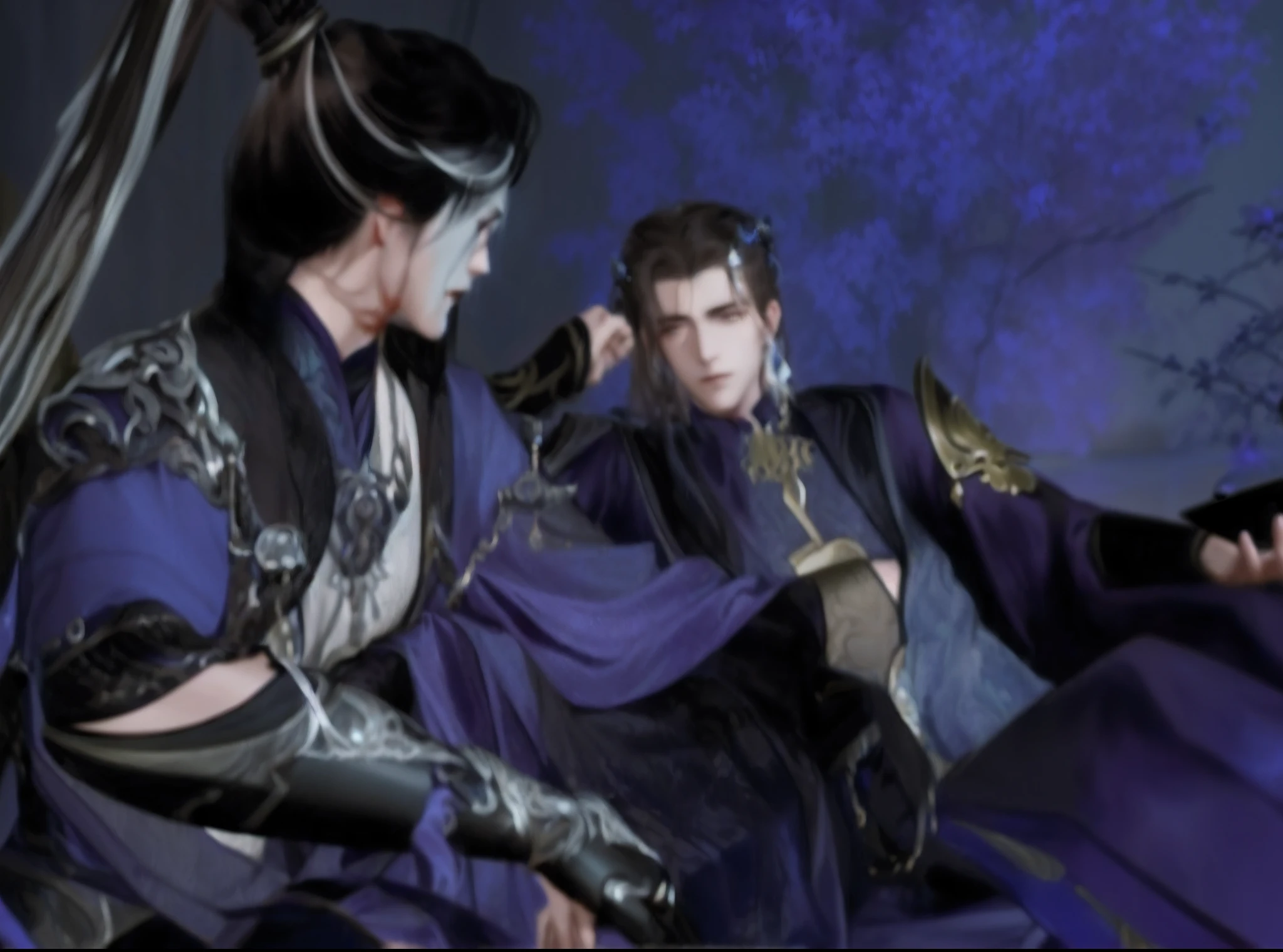 Two men in costume sat on the couch in the room, yiqiang and shurakrgt, xianxia fantasy, heise jinyao, ruan jia and brom, full-body wuxia, Xianxia, roberto ferri and ruan jia, full-body xianxia, shadowbringers cinematic, Inspired by Huang Shen, Avatar image