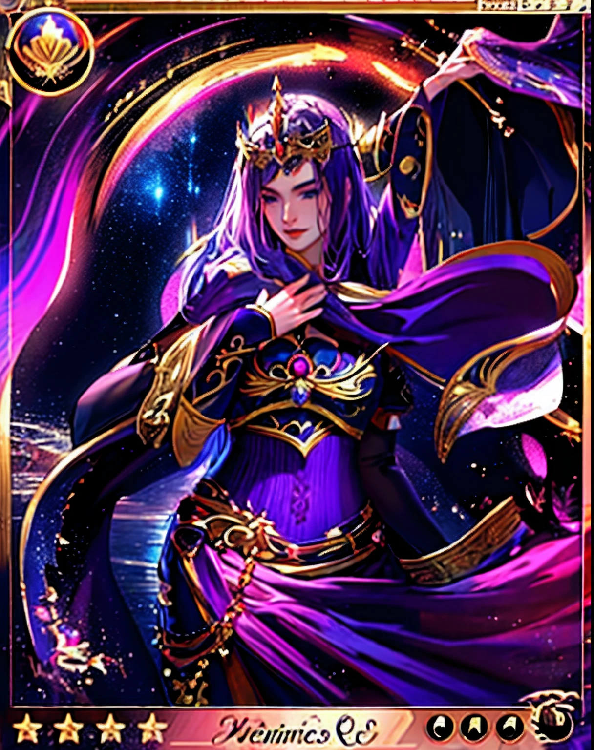A close-up of a woman in a purple dress holding a sword, a beautiful empress of fantasy, ((a beautiful empress of fantasy)), Estilo Shadowverse, Legend of the cryptids, Luna al fondo, Arte de tarjetas coleccionables, Shadowverse, Fantasy Woman, fantasy card game art, Hermosa hechicera, Hermoso Mago Celestial, Artgerm detallado, Una hermosa hechicera