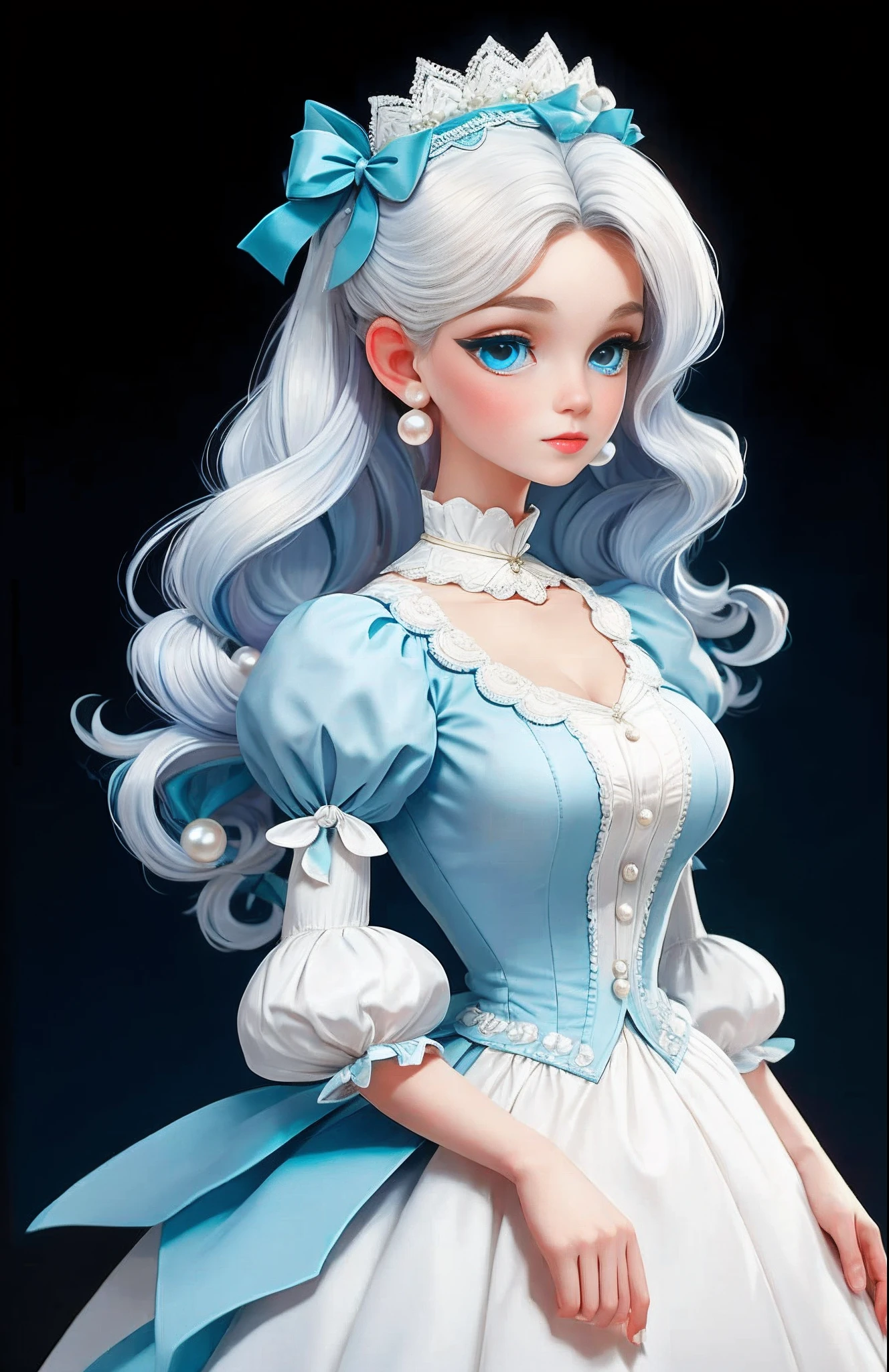 blue colored eyes，Girl with platinum hair，Pearl brooch in hair，Beutiful women，White Victorian dress with white tie，The dress has white frilled details，big breasts thin waist，Light summer Victorian dress，Lace neckline，There is a sky blue ribbon around the neck，18 years old,Korean-Greek half-breed European sister,((Need)),((tmasterpiece)),(A high resolution:1.2),long whitr hair,side bang,Pearl hairpins,Trendy hairstyles,