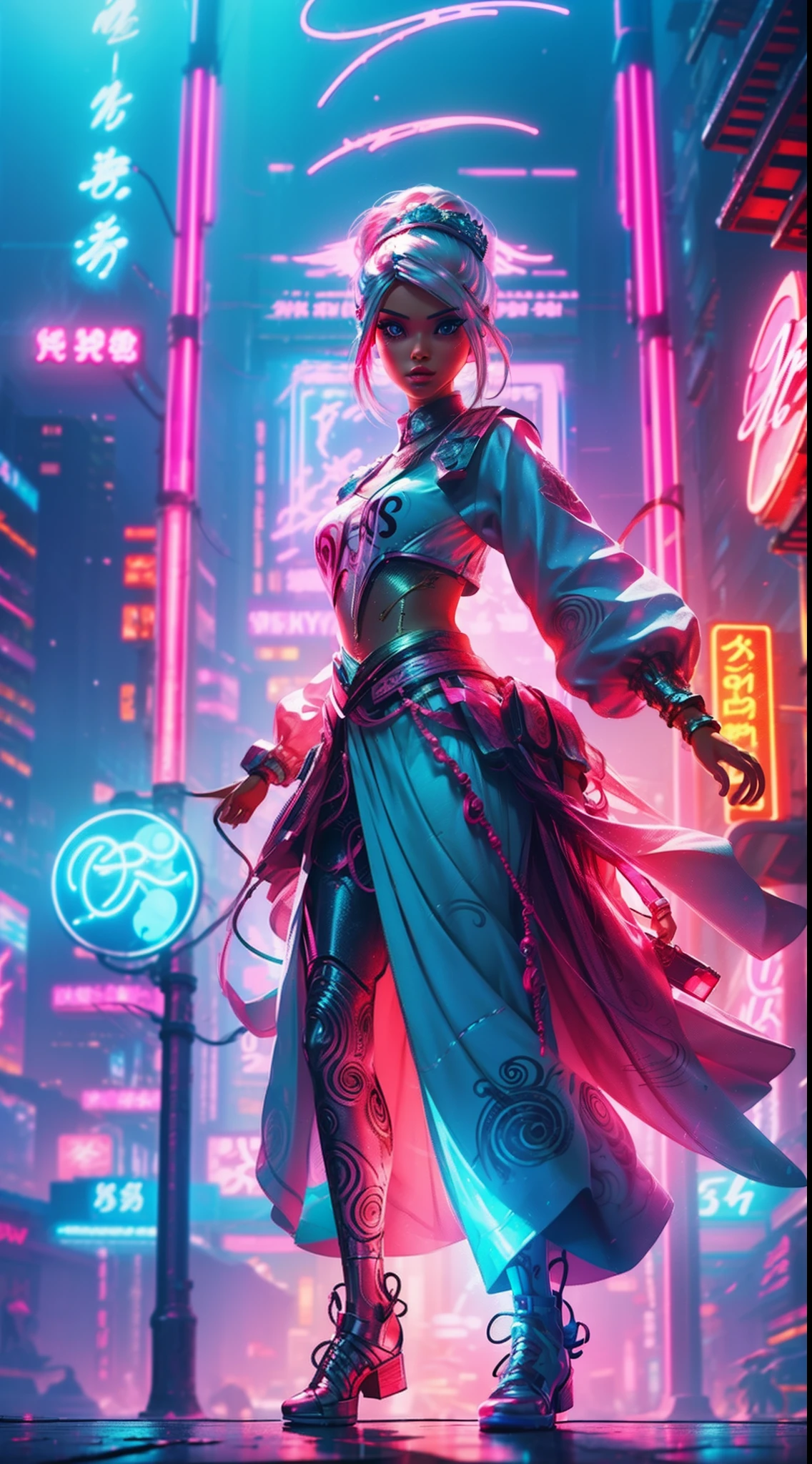 "Generate a mesmerizing illustration featuring a Barbie girl striking a dynamic pose with an angelic presence, standing amidst a vibrant neon cityscape adorned with captivating bokeh lights."