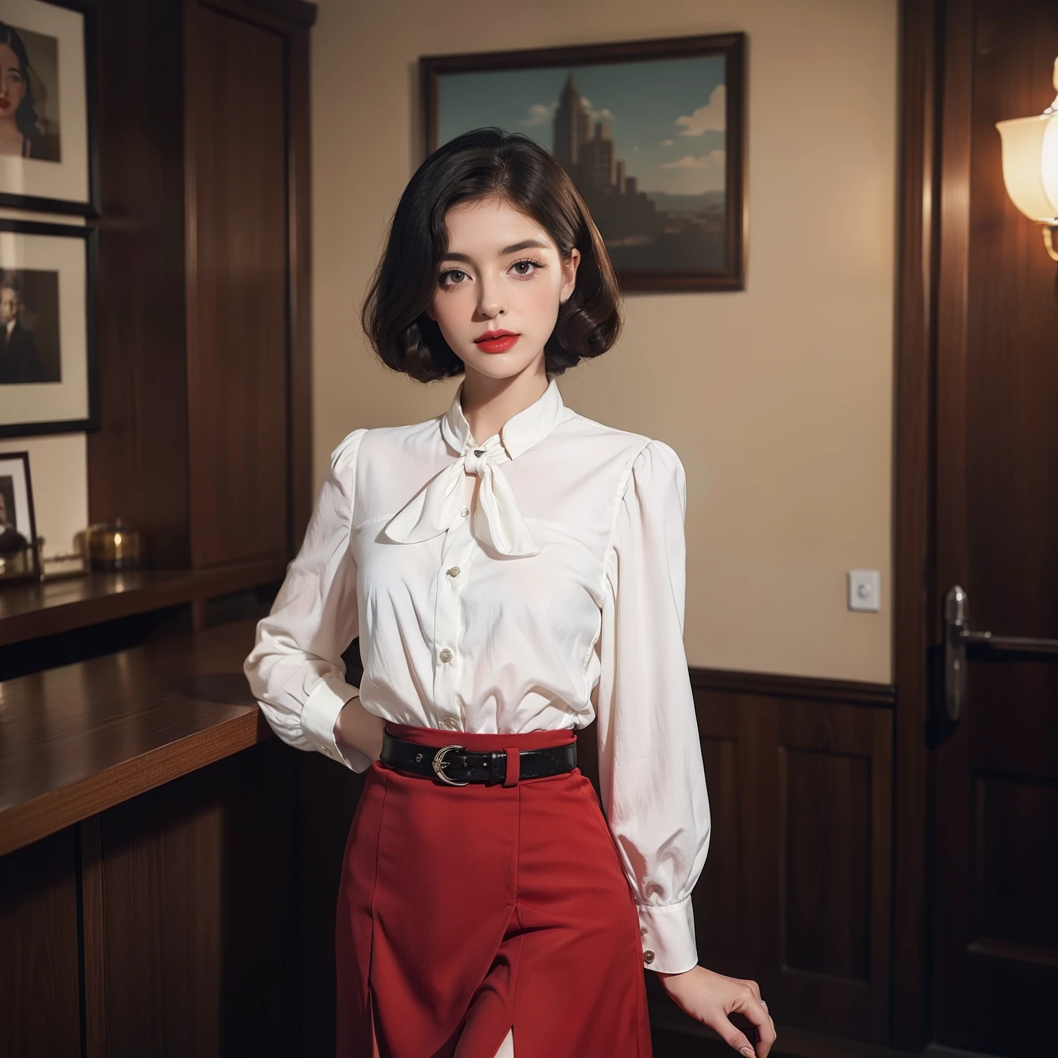 Mallory Malone's costume description is very detailed and、、Features a unique and interesting style. In a white long-sleeved blouse of your choice、A fitted black knee-length skirt with red accents creates a striking visual contrast. The addition of a black heel with ankle strap is、Adds a classy touch to the look. Apart from clothes, Vintage 1950s Bob Hairstyles、Adds a retro and timeless element to Mallory Malone's style. This type of hairstyle is、Known for its neat and short appearance, Typically、Jaw length with both ends turned inward. This hairstyle selection is、Add a vintage touch to the look、Complements Mallory's overall style. Makeup also plays an important role in the appearance of Mallory Malone. Although there are no specific details about makeup mentioned in the description, It is possible to imagine that she may be rocking a 1950s-inspired look.