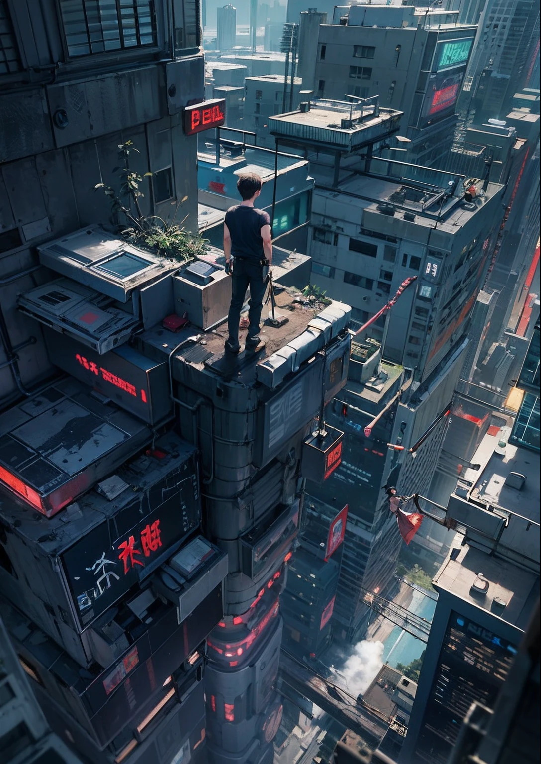 1boy,、Cyberpunk Boy、katanas,Spiky hairstyle、Tank Tops、Whole body bloody、Overhead view of the composition、Back lighting,The beginning of the adventure、Lots of clouds,heavy fog、Midnight,darkness,Chaotic city of the future、Movie dystopia、A group of very complex skyscrapers stands in the center、Very complex dilapidated cityscape,Ruined Chinese skyscrapers、a bird、Pretty dim lighting、Dark road、puddles、Chaotic landscape、Beautiful and fantastic scenery、Cinematic scenery、hightquality、masutepiece,16K、hight resolution、ultra detailed,