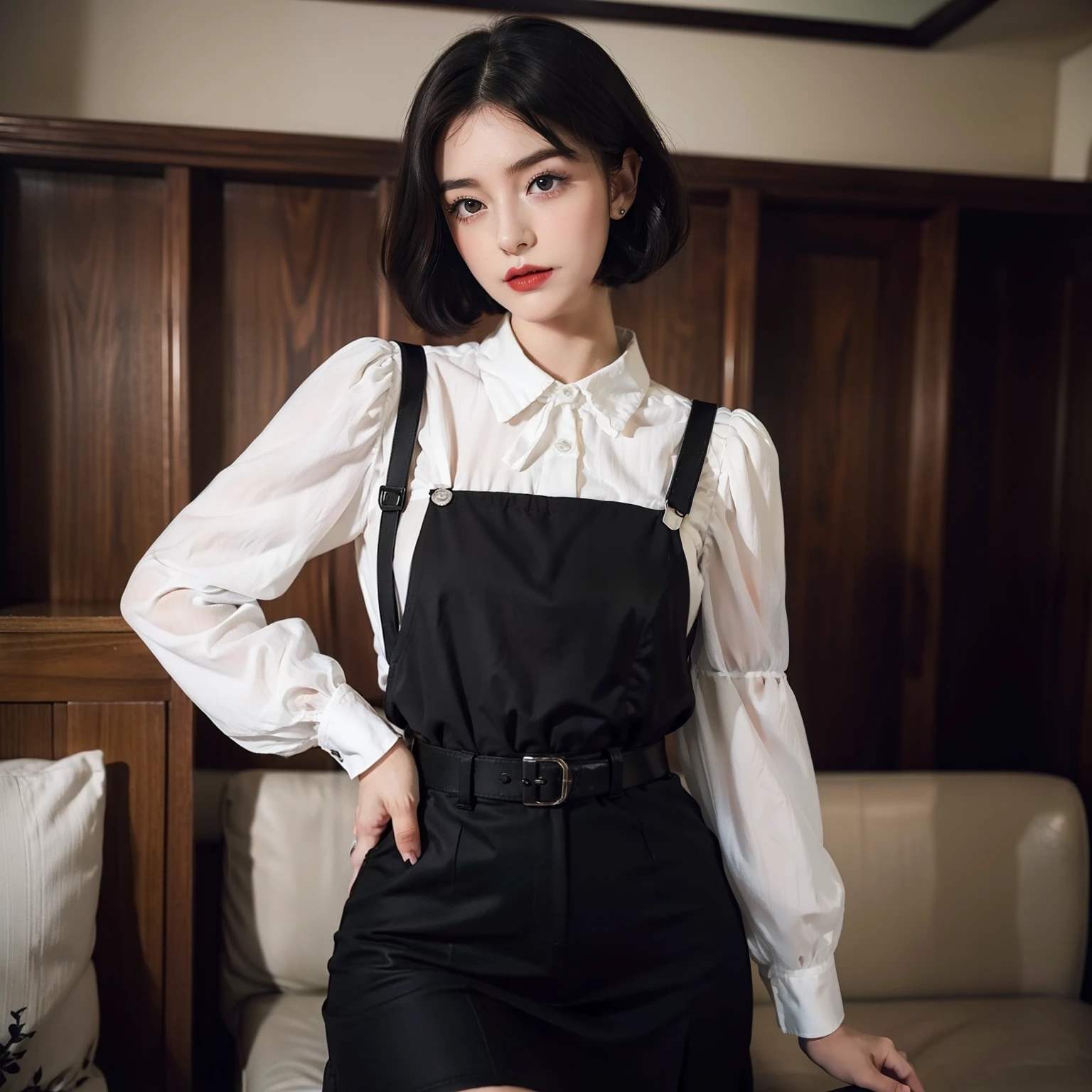 Mallory Malone's costume description is very detailed and、、Features a unique and interesting style. In a white long-sleeved blouse of your choice、A fitted black knee-length skirt with red accents creates a striking visual contrast. The addition of a black heel with ankle strap is、Adds a classy touch to the look. Apart from clothes, Vintage 1950s Bob Hairstyles、Adds a retro and timeless element to Mallory Malone's style. This type of hairstyle is、Known for its neat and short appearance, Typically、Jaw length with both ends turned inward. This hairstyle selection is、Add a vintage touch to the look、Complements Mallory's overall style. Makeup also plays an important role in the appearance of Mallory Malone. Although there are no specific details about makeup mentioned in the description, It is possible to imagine that she may be rocking a 1950s-inspired look.