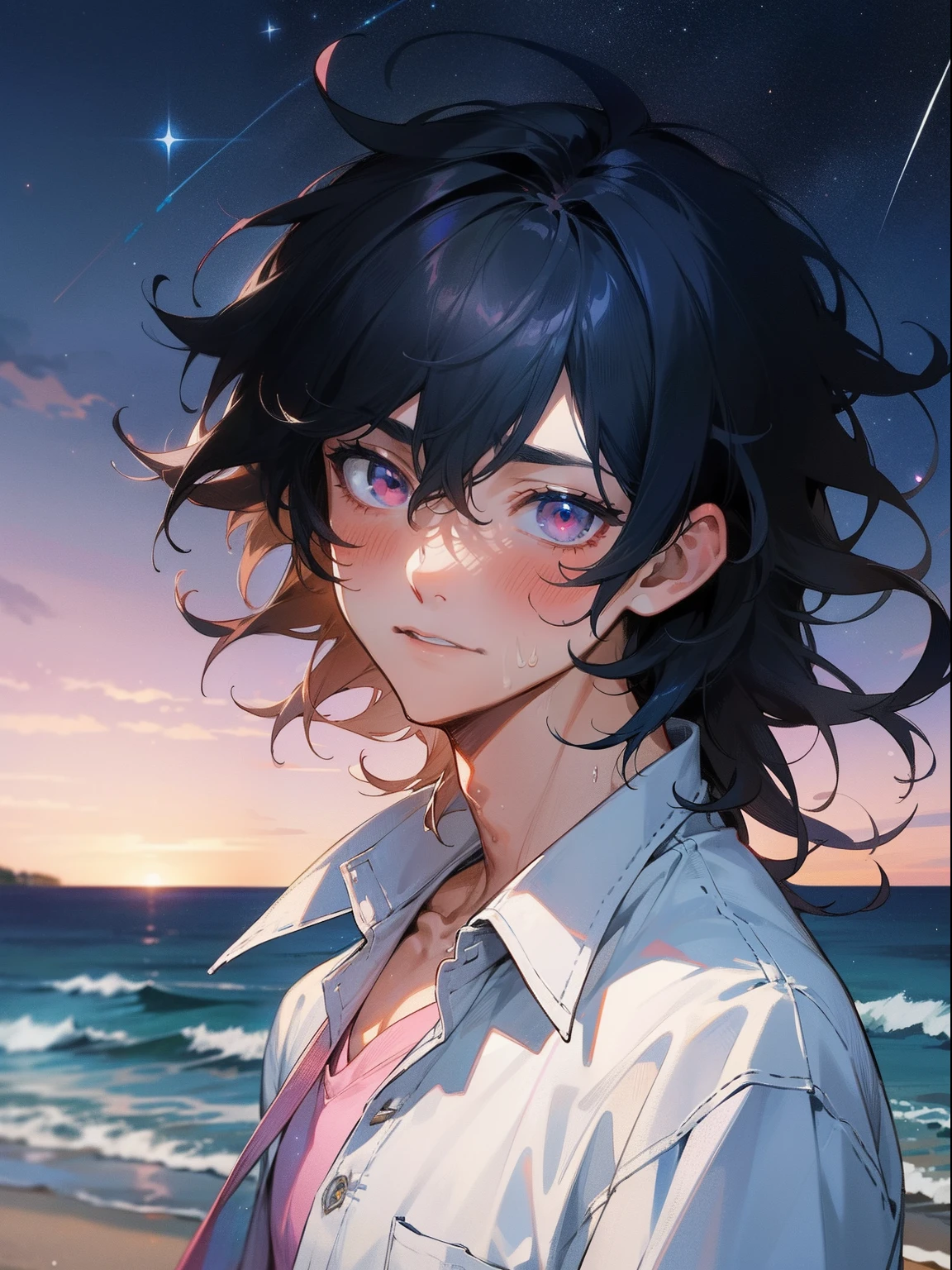 Anime girl with long hair and blue eyes standing on the beach - SeaArt AI