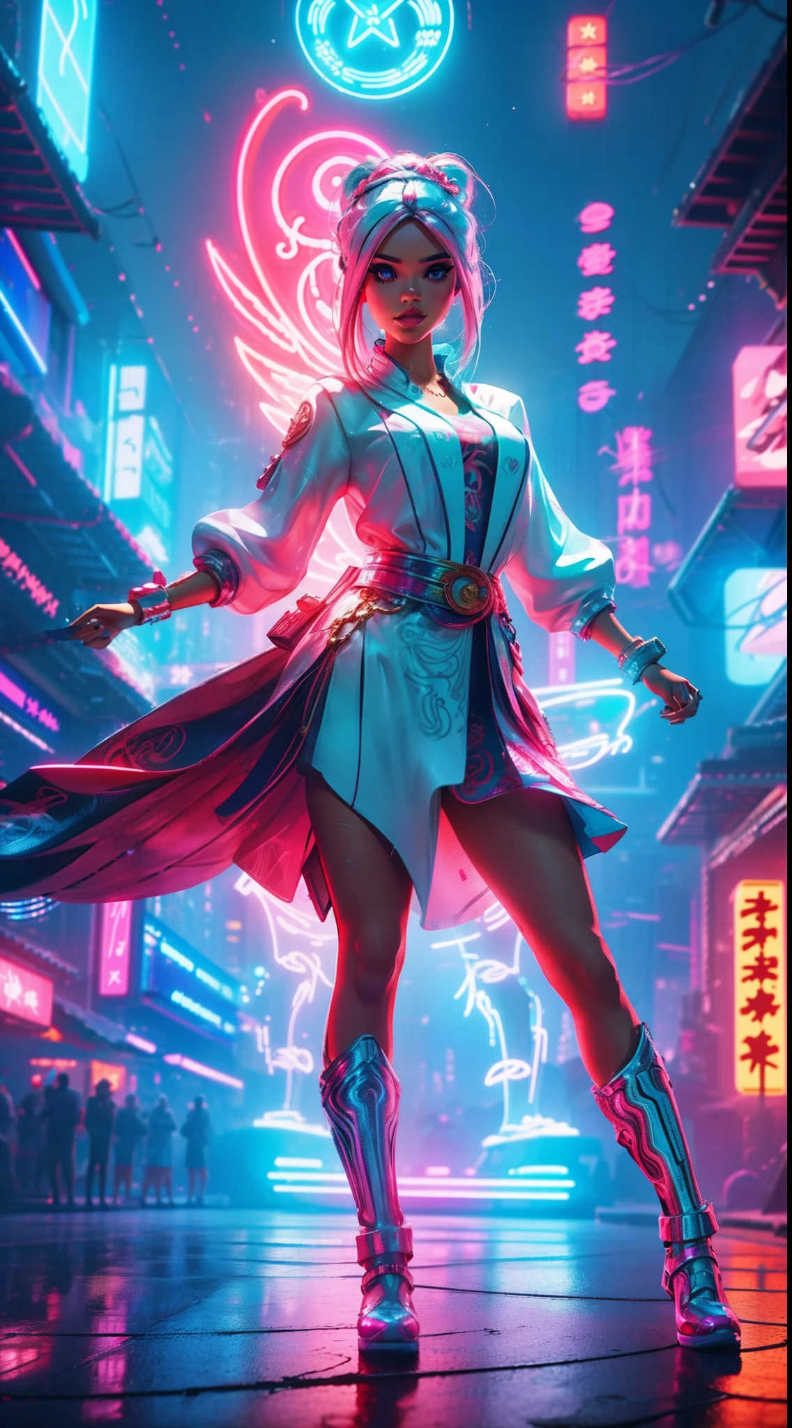 "Generate a mesmerizing illustration featuring a Barbie girl striking a dynamic pose with an angelic presence, standing amidst a vibrant neon cityscape adorned with captivating bokeh lights."