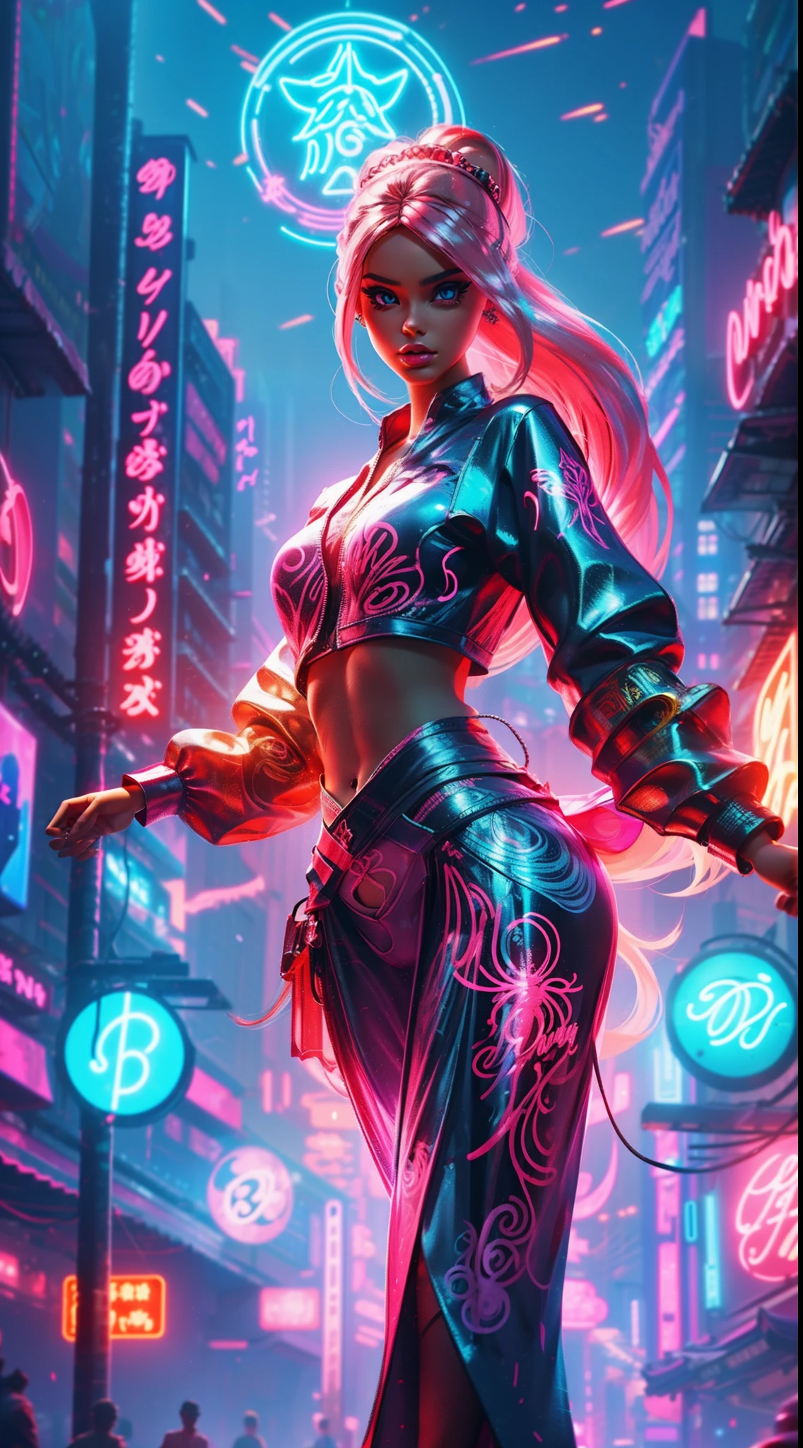 "Generate a mesmerizing illustration featuring a Barbie girl striking a dynamic pose with an angelic presence, standing amidst a vibrant neon cityscape adorned with captivating bokeh lights."