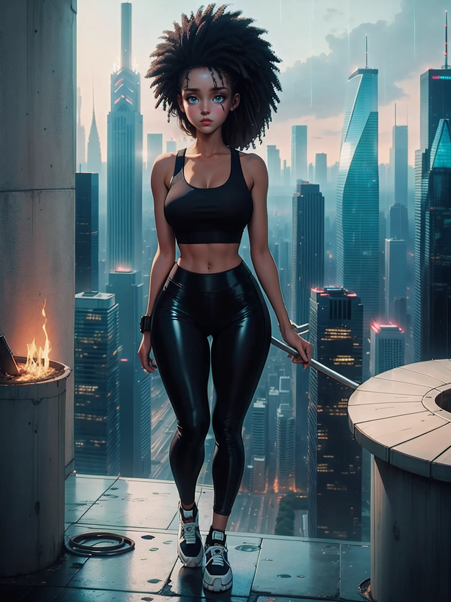  girl standing in the rain on a roof top looking over the city, tank top, torn leggings