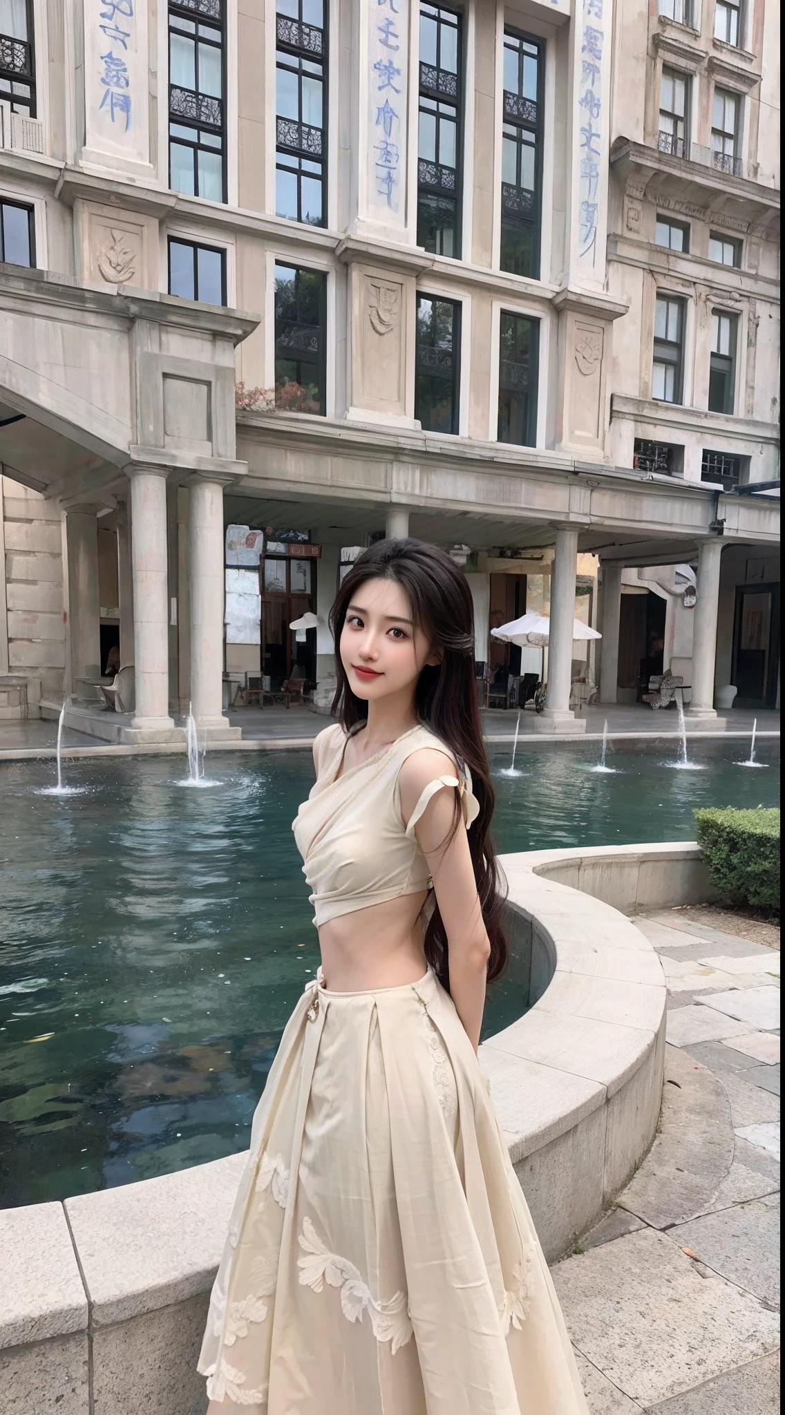 Arapei woman in a white dress standing in front of the fountain, xintong chen, gorgeous chinese models, dilraba dilmurat, Gorgeous young Korean woman, shaxi, Beautiful young Korean woman, cute elegant pose, xision wu, Chinese girl, wenfei ye, beautiful Korean women, ulzzangs, Korean girl, chengyou liu