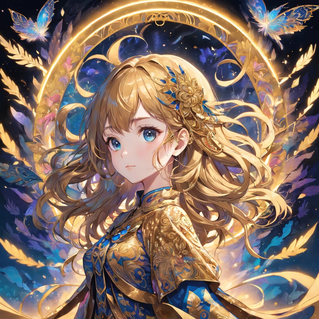 (masterpiece, top quality, best quality, official art, beautiful and aesthetic:1.2), (1girl), extreme detailed,colorful,highest detailed, official art, unity 8k wallpaper, ultra detailed, beautiful and aesthetic, beautiful, masterpiece, best quality, (zentangle, mandala, tangle, entangle) ,holy light,gold foil,gold leaf art,glitter drawing, PerfectNwsjMajic