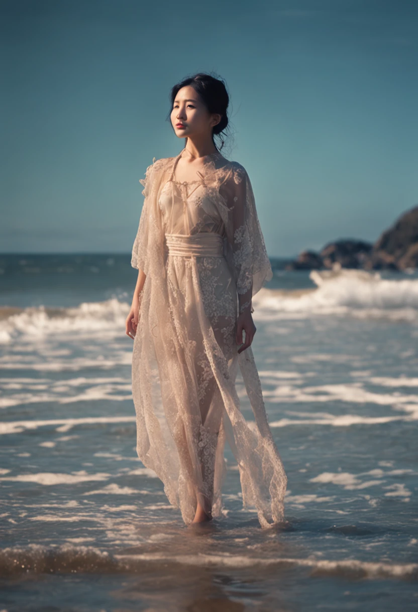 Ghostly Glow: A spectral figure clad in ethereal white, emitting a soft, otherworldly glow. (highest quality, 8k, RAW photo)
The enigmatic figure, exuding an air of mystery, stands amidst a lush tropical paradise. Surrounded by the vibrant hues of palm trees, their leaves glistening in the fading light, and the inviting, sparkling turquoise waters, interrupted only by the gentle ripple of waves. (intricate details, realistic skin texture)
The sun sets, casting an ethereal cinematic lighting that creates a breathtaking backdrop for the ghostly apparition