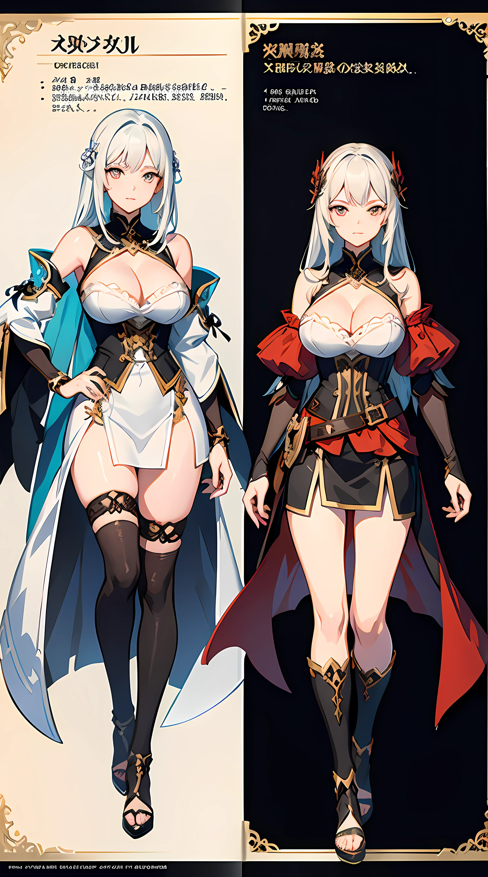 character reference sheet, character design, blade and soul character, 4k,1 woman, high quailty,highdetail,Role drawings,costume influenced by granado espada and blade and soul games, Information drawings,Entire body,British style,Knight women's clothing,More mature women,Silvery-white curls to the waist,Hairpins,tight corset,Lace trim,gauntlets, cleavage cleavage,Asymmetrical stockings,offical game artwork.