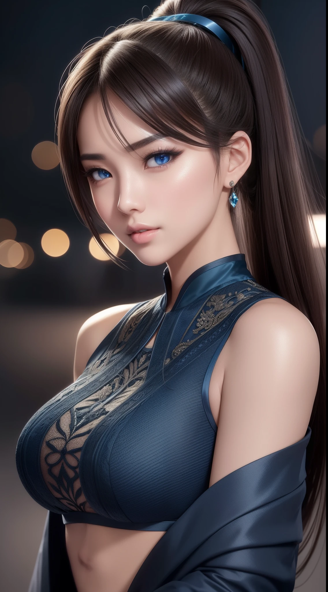 asian sexy girl, face portrait, voluminous breasts, sweet face, beauty woman, high detail, beauty lips, photorealistic, ultrarealistic, night city background, rtx on, Color Grading, Perspective, Depth of Field, Field of View, Tonal Colors, 8K, Full-HD, Perfectionism, Rim Lighting, Natural Lighting, Soft Lighting, Accent Lighting, Diffraction Grading, elegant, super detailed, cold-blue color iris of the eyes , dark-brown hair, High ponytail hairstyle, casual wear, masterpiece