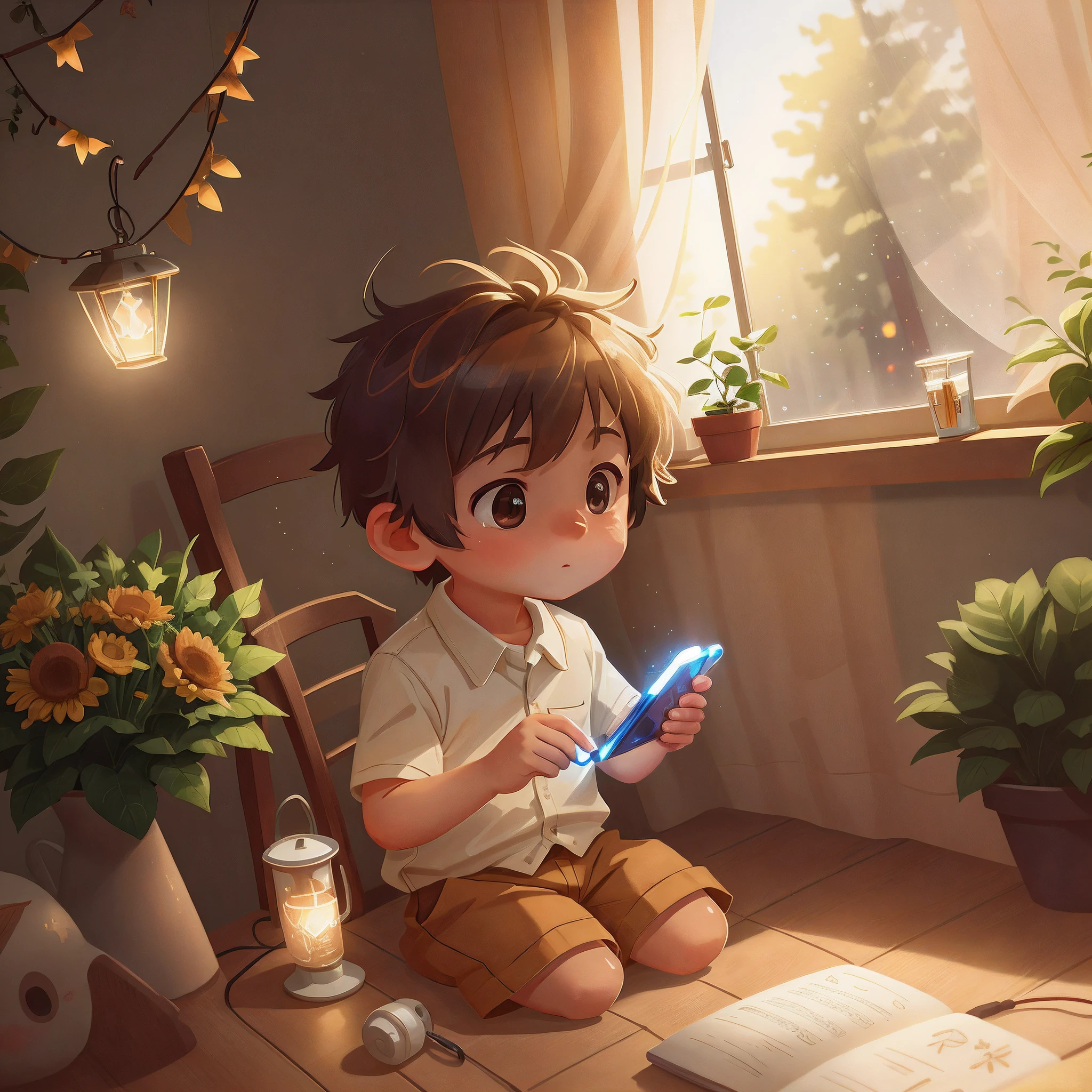 (A boy sits and looks down playing with his phone 1.9),A boy with,Head down and play with your phone,
The Tyndall effect,lens flare glow,shadowing,Contre-Jour, depth of fields, natural lightting, hardfocus, filmgrain, Mirror light hologram,Ray traching,Semi-reflective illumination,Natural lighting,Incandescent Lamps,fiber-optics,gentle illumination,volumettic light,Contre-Jour,globalillumination,Ray traching,optics,Scattering,with light glowing,shadowing,Twinkle,glaring lights,