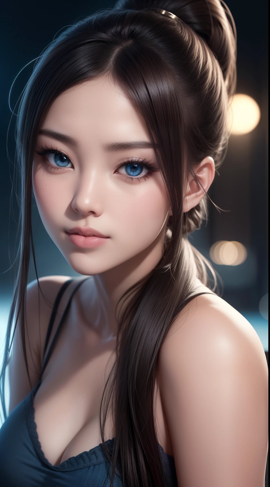 asian sexy girl, face portrait, voluminous breasts, sweet face, beauty woman, high detail, beauty lips, photorealistic, ultrarealistic, night city background, rtx on, Color Grading, Perspective, Depth of Field, Field of View, Tonal Colors, 8K, Full-HD, Perfectionism, Rim Lighting, Natural Lighting, Soft Lighting, Accent Lighting, Diffraction Grading, elegant, super detailed, cold-blue color iris of the eyes , dark-brown hair, High ponytail hairstyle, casual wear, masterpiece