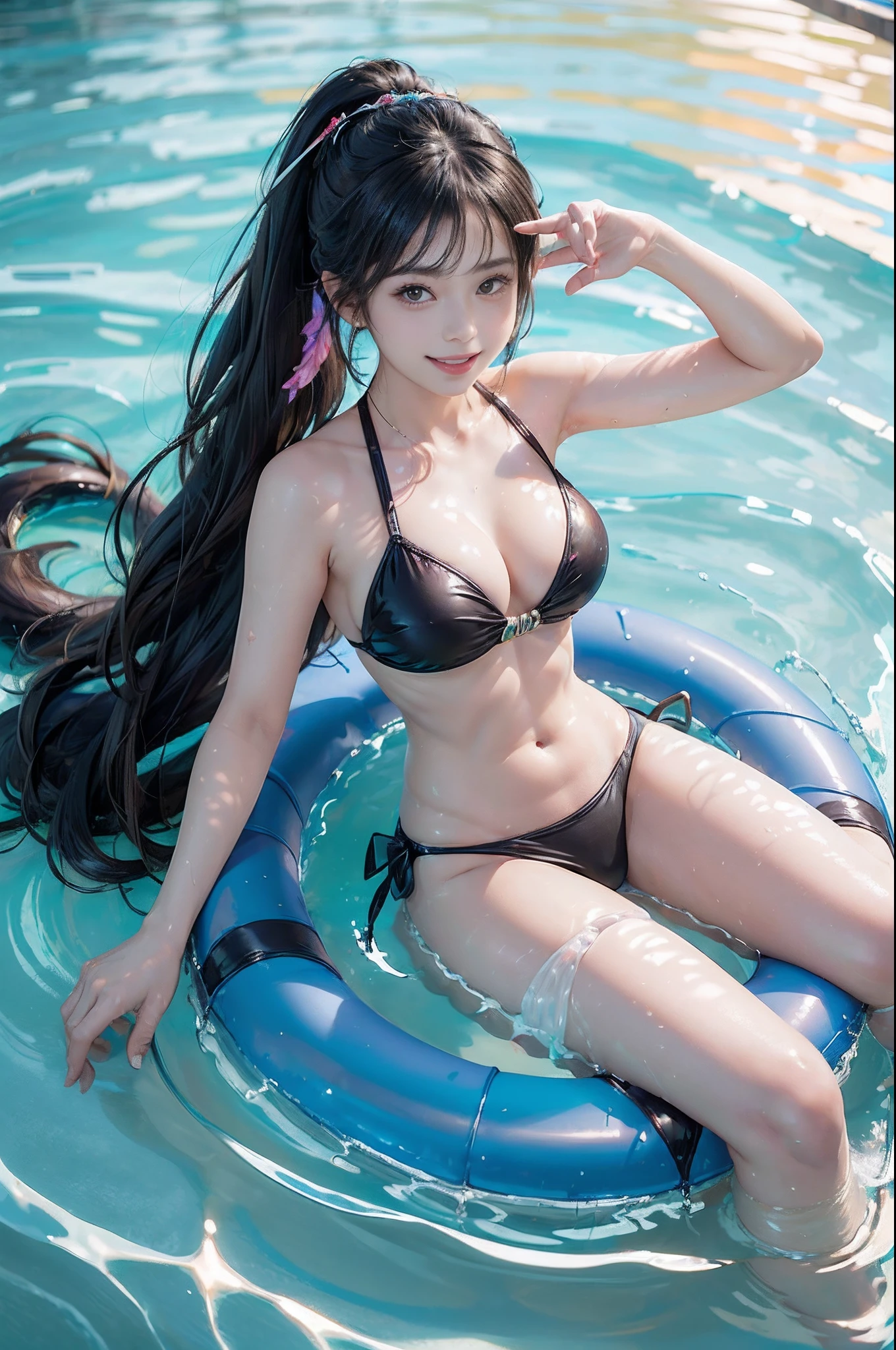 (Dynamic Posing:1.4), (Colorful:1.2), Dynamic Angle, (Highly detailed CG Unity 16K wallpaper:1.1), (Denoising strength: 1.4), (Best Quality:1.3), (masutepiece:1.3), (hyperdetailed face:1.2), Beautiful skin, Award-winning,1girl in, Beautiful Girl, Cute, Charming, Looking at Viewer, Solo Focus, Fashionable swimwear, Pool, float, (Sit in a floating donut-shaped swimming ring:1.2), Smile, Happy, grin, Black hair, poneyTail,Scrunchie,Crystal clear sea,