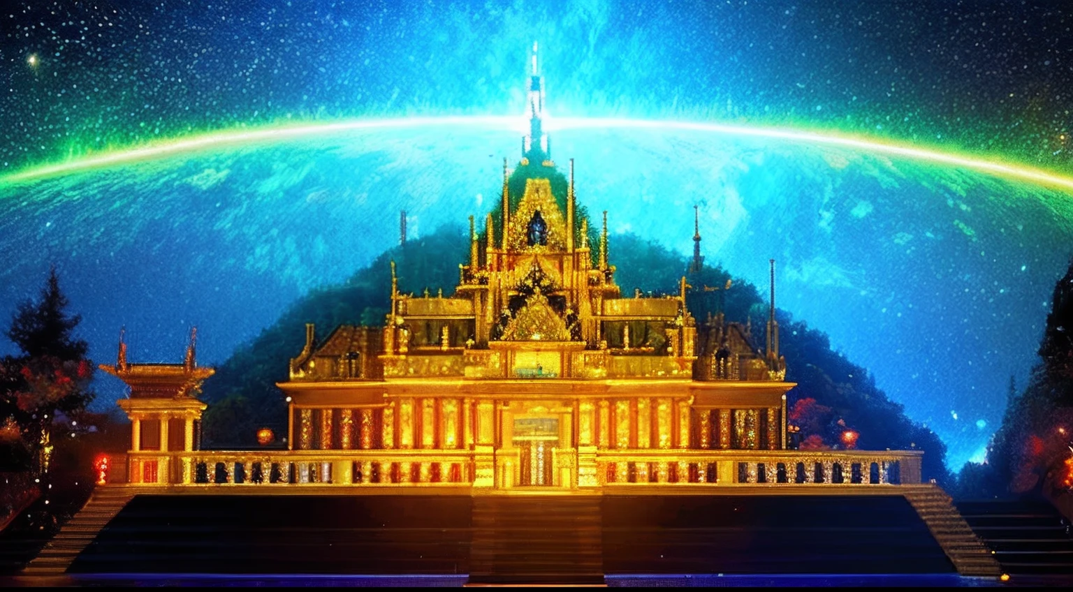 pixel game，scenography，fantastical scenes，Space Opera House，Golden levitation， Pixel art #pixelart