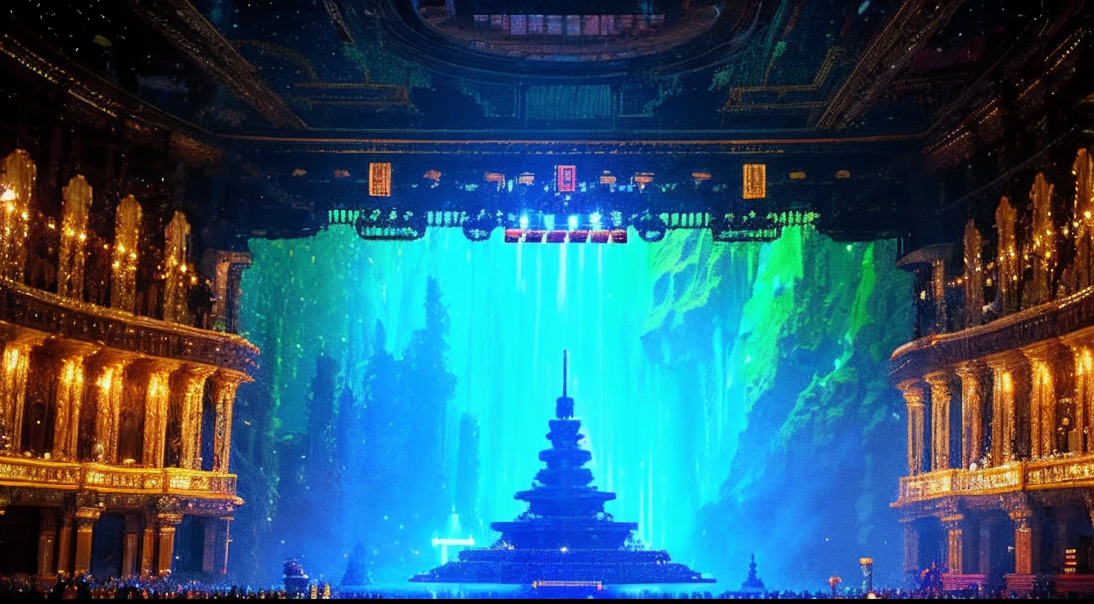 pixel game,scenography,fantastical scenes,Space Opera House,Golden levitation, Pixel art #pixelart