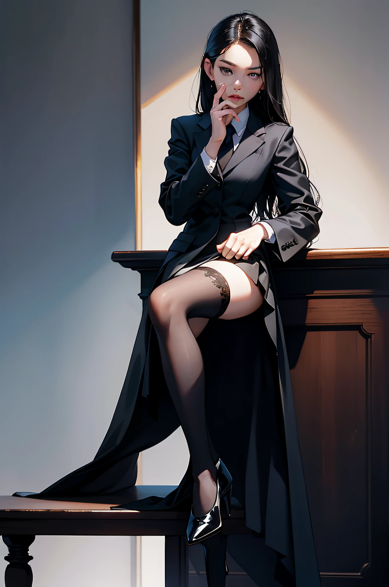 Woman in black dress and high heels sitting on table，wearing a strict business suit, thighhighs and skirt, elegant glamourous cosplay, On a table, office clothes, wearing black uniform, wearing a strict business suit, Range Murata and Artgerm, wearing a black noble suit, sexy dominant pose, trending at cgstation, trending on cgstation, tight attire，A grim face