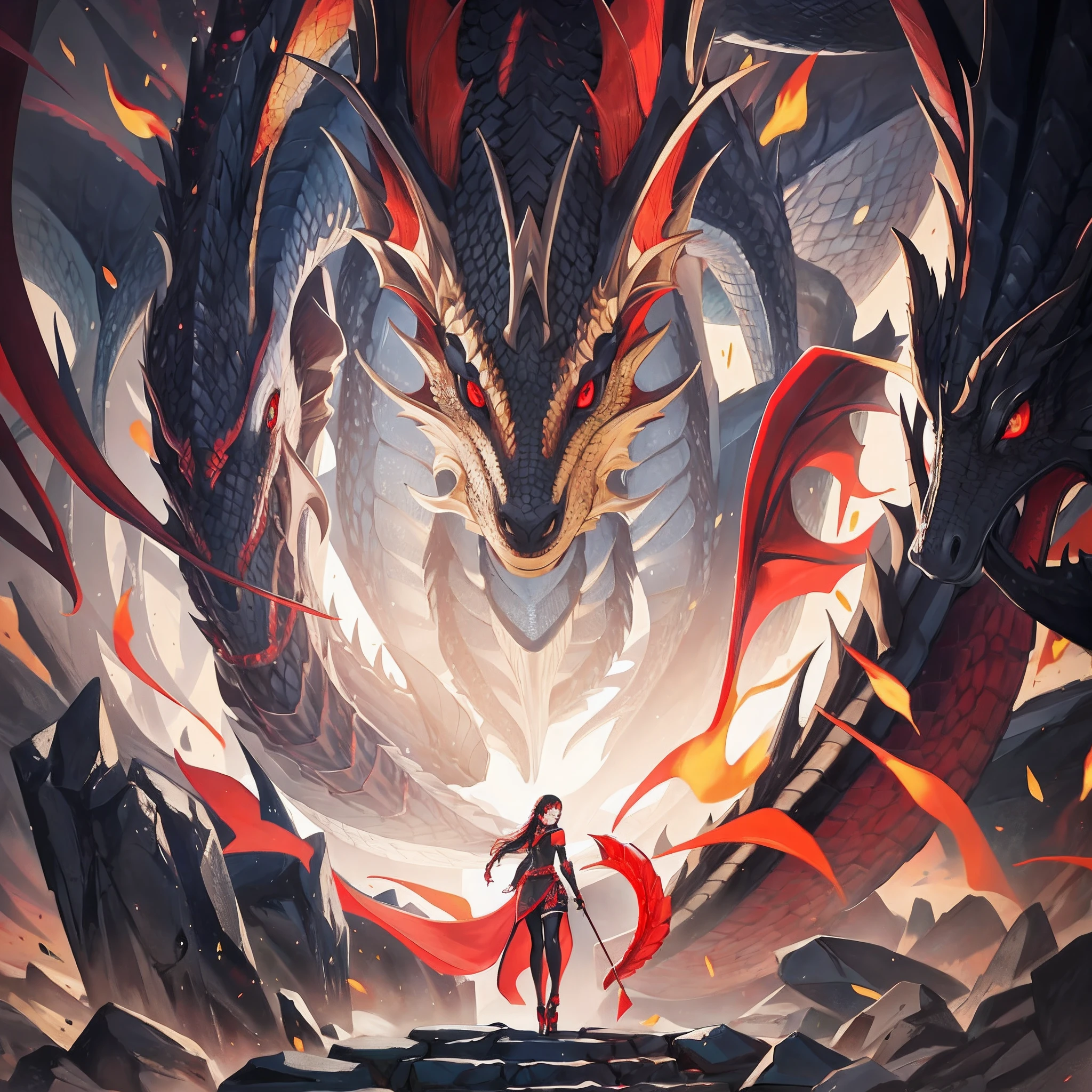 Dragon black scales,red eyes,The girl has long snow-white legs,red high heel pumps,Add details,Film realism style,Red karmic fire