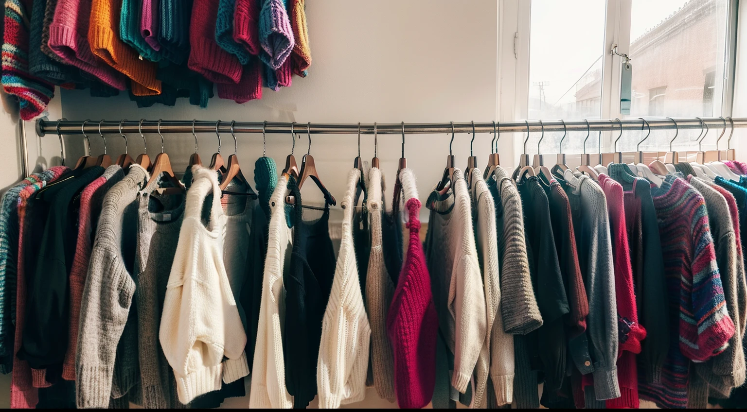 Clothes store、Colorful knitwear、Tons of colorful sweaters、Colorful sweater hanging on clothes rack、sunlight、fashion photograhy