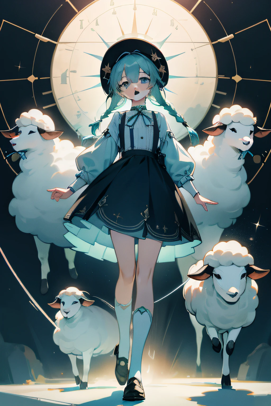 extremely detailed CG unified 8k wallpaper, very fine 8KCG wallpaper, absurderes,Lori ,Best Quality ,ultra-detailliert ,masterpiece、Girl Standing Facing Front、top-quality(masterpiece), top-quality, 1girl in, Green light blue hair、Long braids、Sheep motif、Constellation motifs、PastelColors、lots of ribbons、light blue eyes、kawaii、Full body