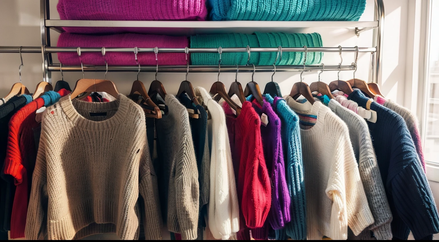 Clothes store、Colorful knitwear、Tons of colorful sweaters、Colorful sweater hanging on clothes rack、sunlight、fashion photograhy、Stylish interior