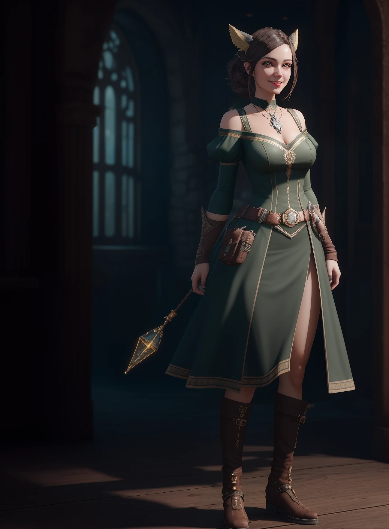 A stunning full body portrait of a magical fantasy，A steampunk woman in a dark green dress, The low-cut neckline accentuates femininity, Small ears, Brown hair, Smiling happy, Dynamic pose, DnD, fantasy, Extreme detail, 4K, Ultra HD, trending on artstationh, Polished, Radiant, vibrant, Backlight, 8K Ultra HD, Unreal Engine 5 potions, intricately details, 3D video rendering