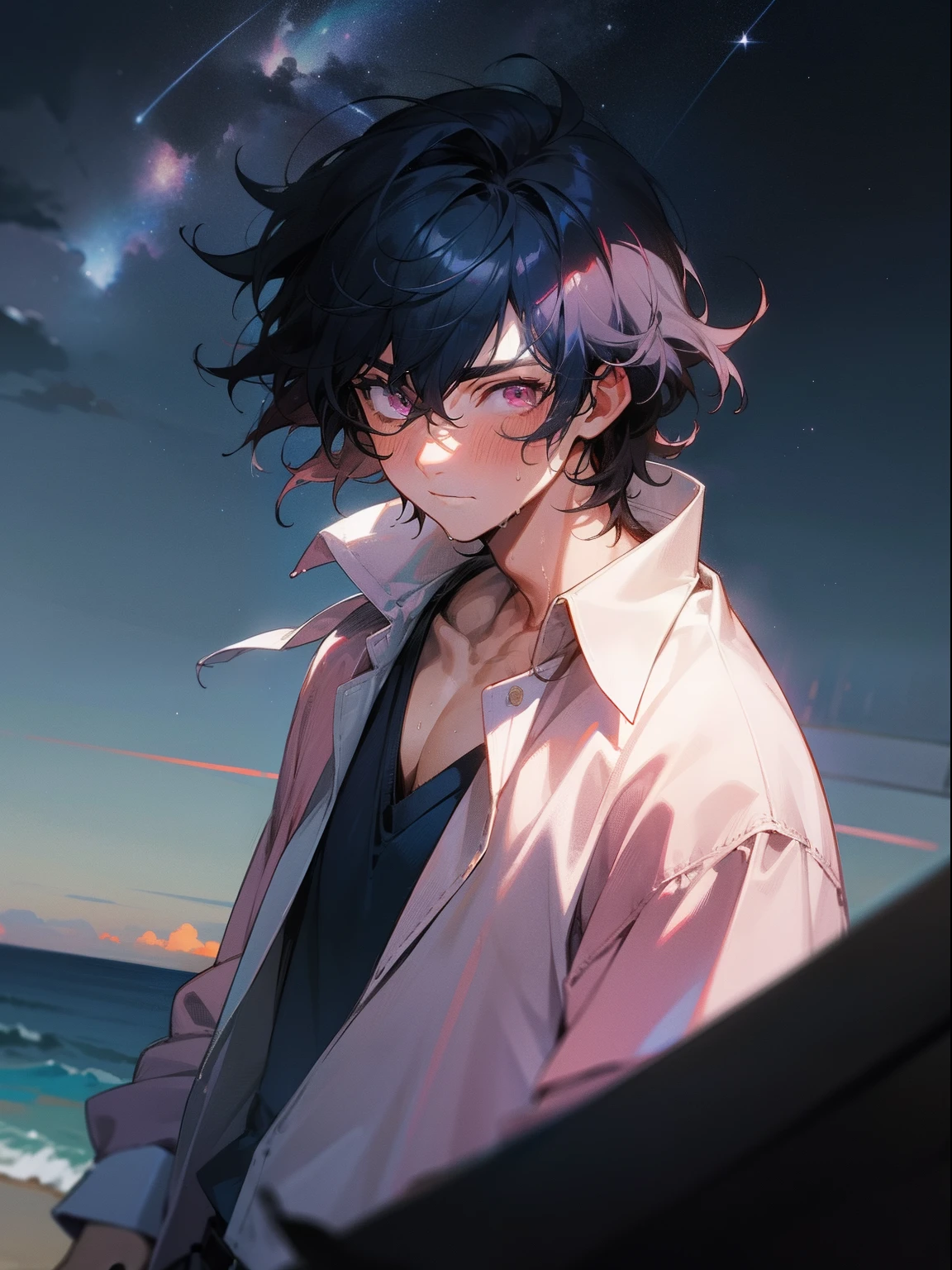 1 male, Male character in his 20s, Subrealismo, nffsw, Dynamic Angle, medium shot, Best Quality, official artwork, key visual, Detailed background, Beach background, Starry sky, Night, Intense angle, Looking at Viewer, Dark blue hair, Medium Hair, Messy hair for men, Bundled hair, Pink eyes, endured face, White open shirt, blush, Sweat, Wet, Watching the viewer, radiant eyes