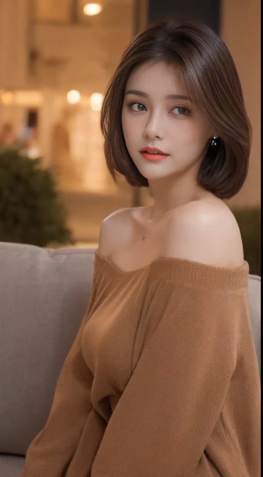 ((Night view, realistic light, best quality, 8k, masterpiece: 1.3)), 1girl, pretty woman with slim figure: 1.4, (brown hair: 1.3), off-the-shoulder cut top: 1.3, sofa, super detailed face, detailed eyes, double eyelids