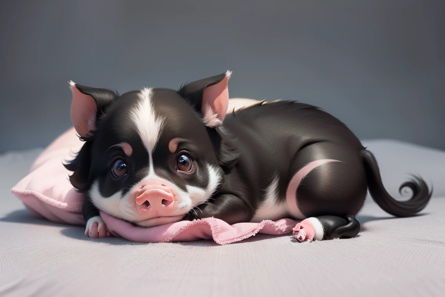 piggy，Black and white，Small short legs，On your stomach，On the blanket